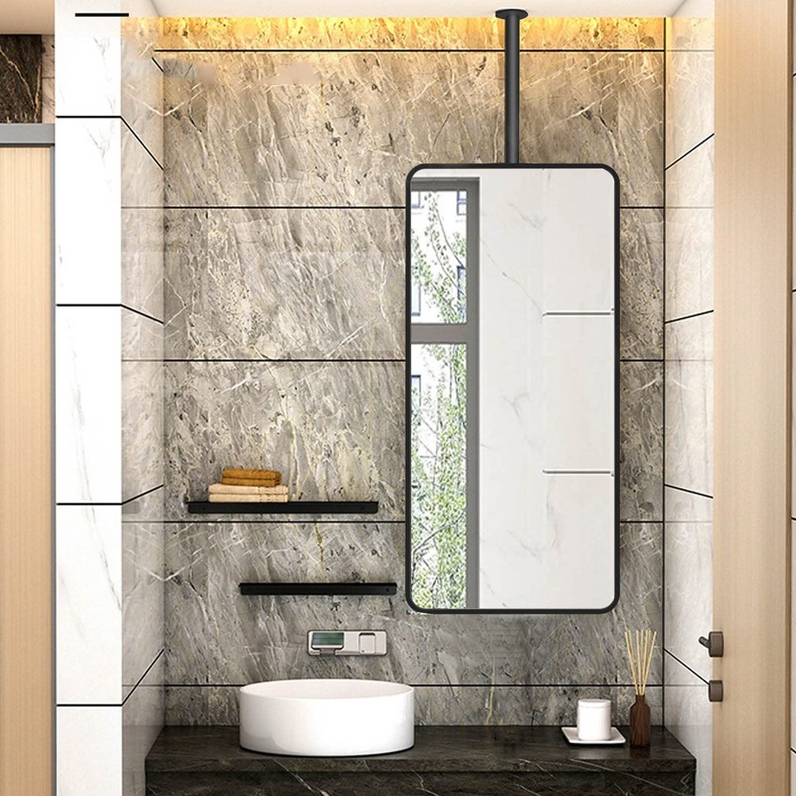 Specchio con Cornice in Metallo Nero, Specchio Rettangolare Montato a Soffitto con Asta di Sospensione a Soffitto, Specchio da Trucco Specchio da Trucco da Bagno, Specchi Quadrati Decorativi