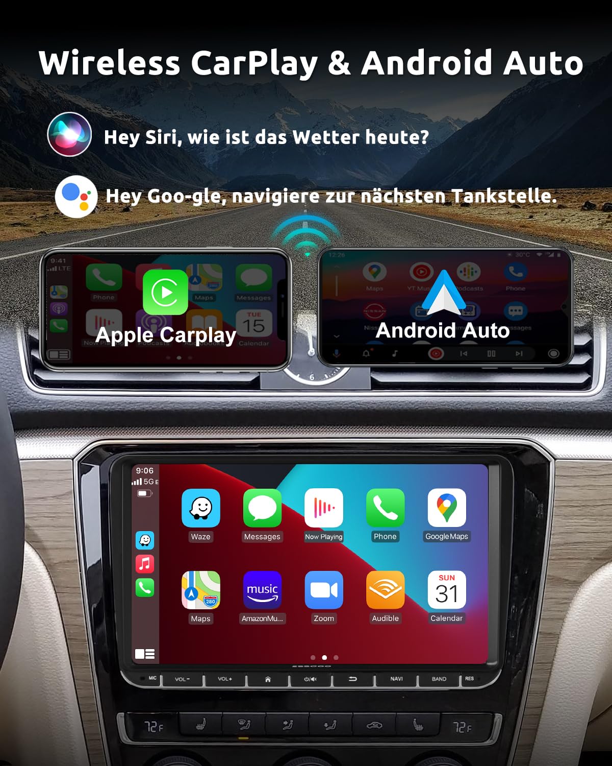 Essgoo 4+64G Autoradio 9 Zoll Android 14 Radio mit Carplay und Wireless Auto für VW Golf 5 6 Touran B6 EOS Tiguan Polo mit Bluetooth GPS RDS Navi Mirror Link FM SWC