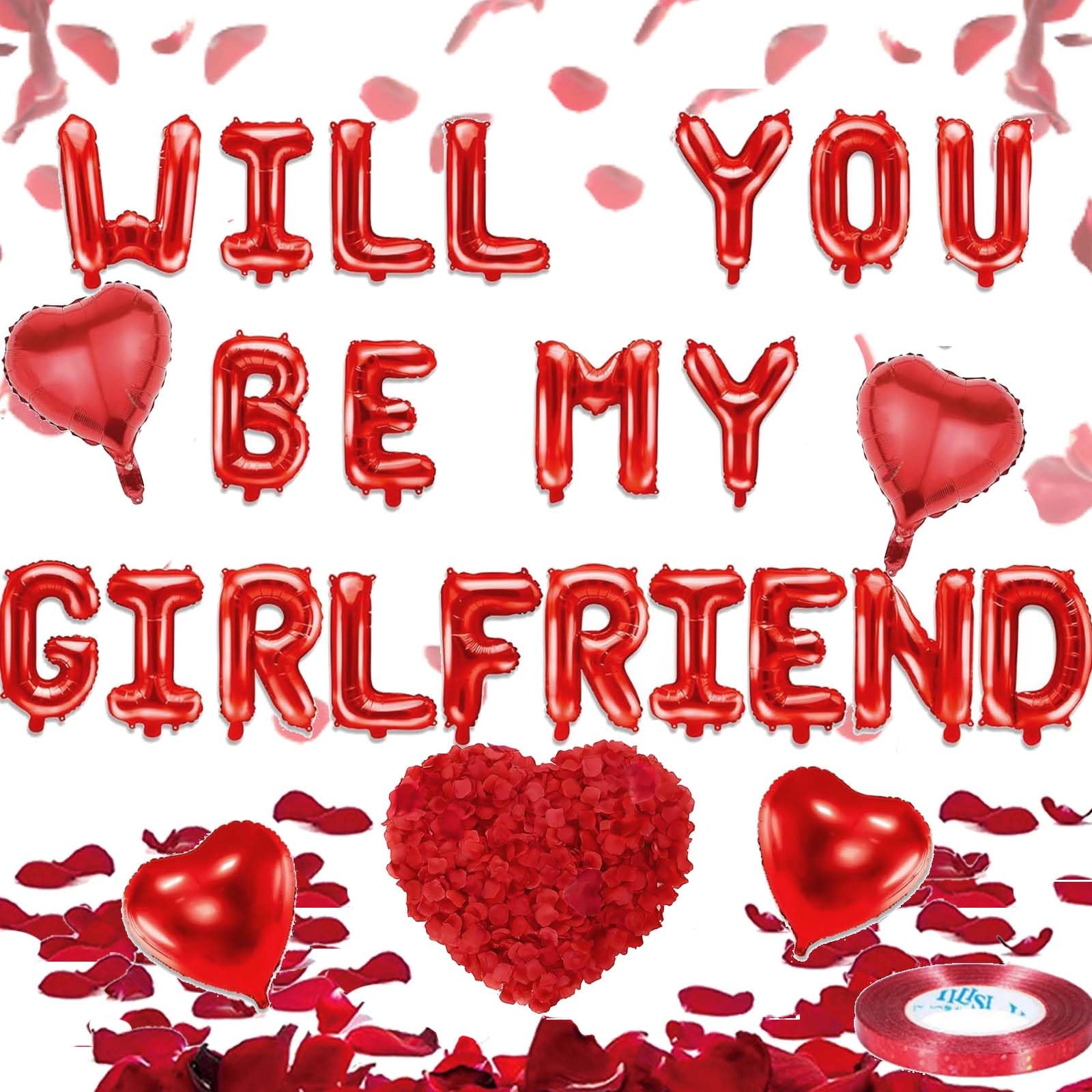 Will You Be My Girlfriend Balloons - Red Heart Balloons with 500 Artificial Rose Petals for Valentine's Day