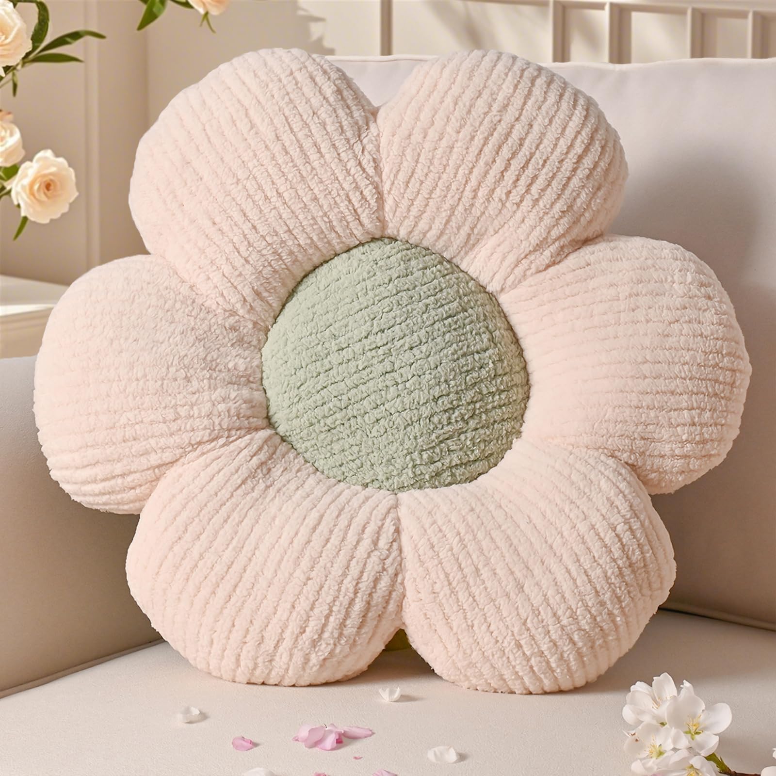 Yhoelata Valentinstag Blumenkissen, Creme Grün Blumengestalt Zierkissen, Plüsch Bodenkissen für Sofa & Bett Kinderzimmer, Mädchen Dekoratives Gänseblümchen Design Wohnkissen 50cm