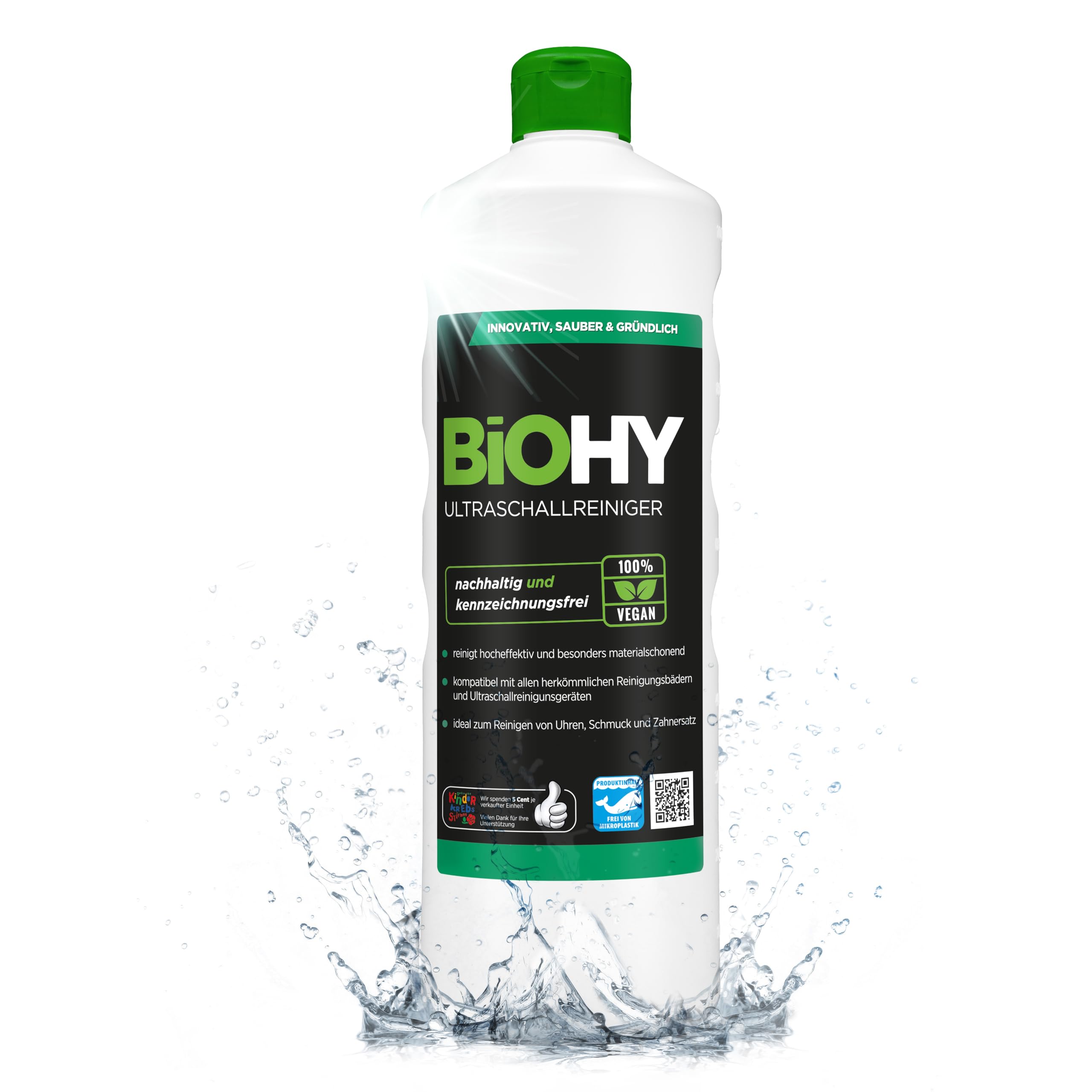 BiOHY Ultrasonic Cleaner (1 Litre Bottle), Intensive and Material-friendly Cleaning of Dental Products, Gold, Coins and Jewellery, Concentrate for Ultrasonic Bath, Streak-free Shine