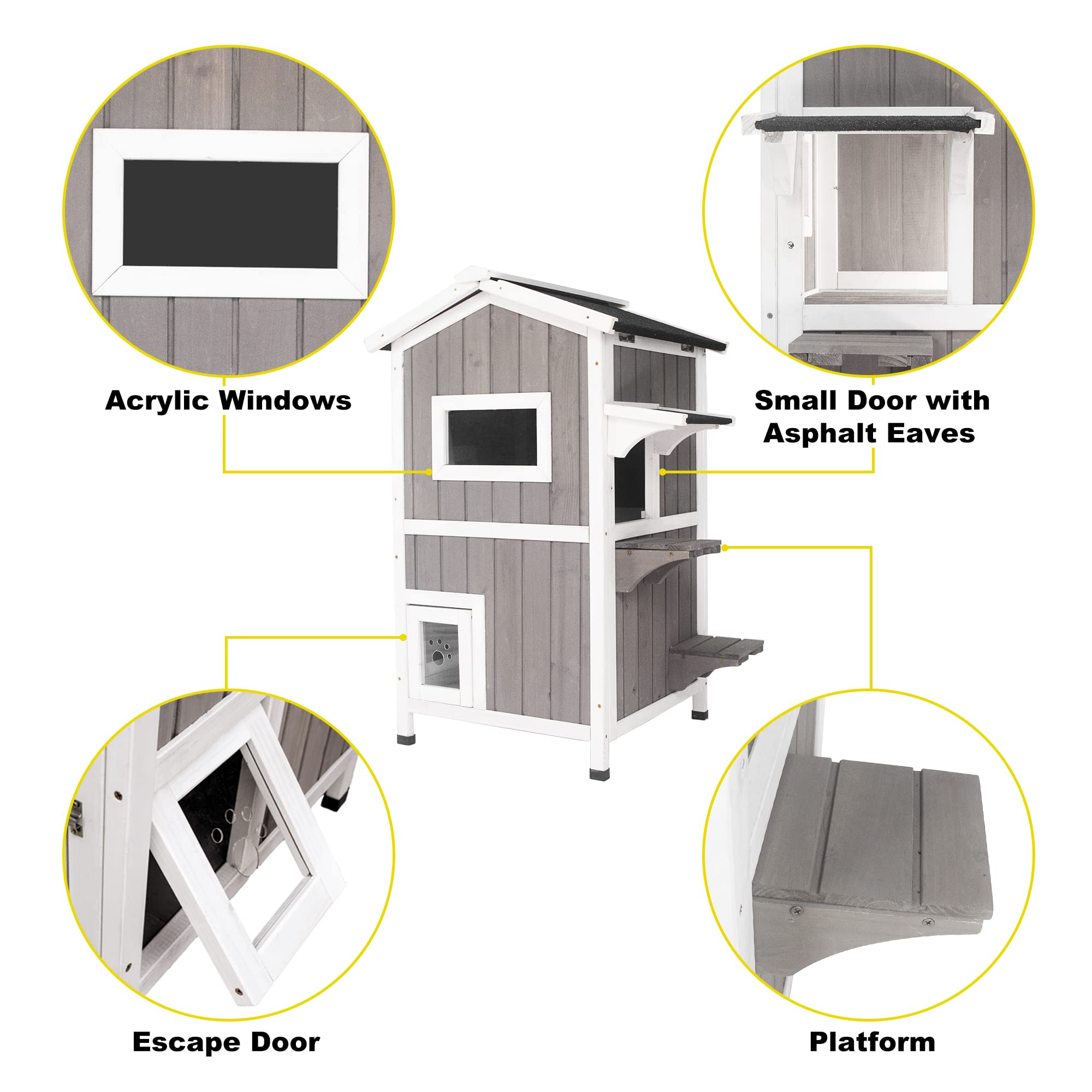 Ketive Cat House for Outdoor & Indoor Wooden Waterproof Cat Condo Cat Outdoor Enclosure with Escape Door,2 Story Kitty House
