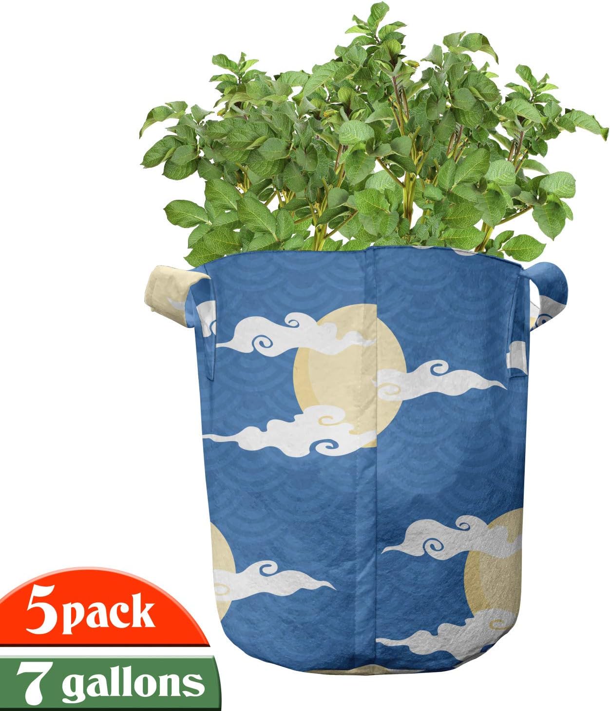 Ambesonne Chinese Grow Bags 5-Pack, Folkloric Moon and Cloud, Heavyduty Fabric Pots with Handles for Plants, 7 Gallon, Blue Cream and White