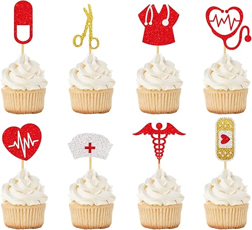Miniatura 1 de Whaline 25 piezas de decoración para cupcakes temáticos de enfermera, estetoscopio con purpurina, latidos del corazón, magdalenas, palitos de comida