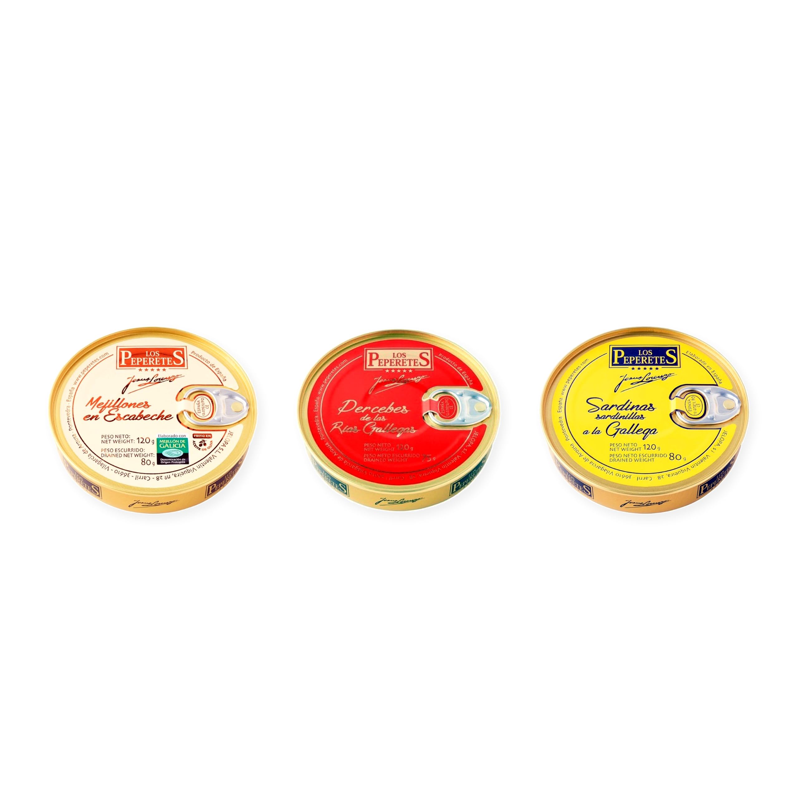 los peperetes conservas Mejillones Escabeche 10-12, Percebes Rías Gallegas y Sardinillas Gallega pack 3 latas