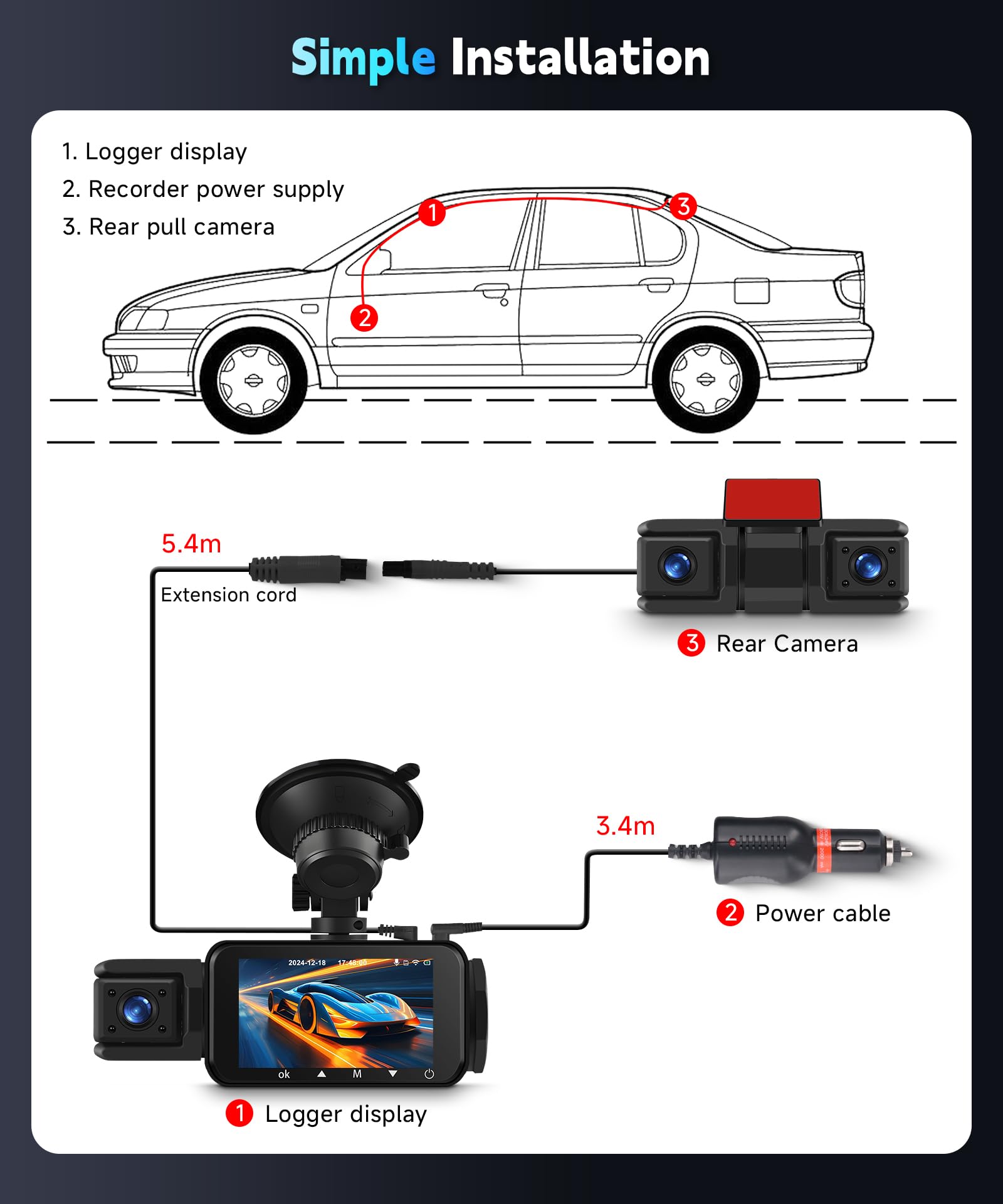 VECHTEL 2K Wi-Fi Dashcam Auto, Pantalla IPS de 3 Pulgadas Dash CAM Auto con Visión Nocturna, Tarjeta 128GB Gratis, G-Sensor, Modo Parking 24H, Grabación en Bucle, Asistente de Marcha Atrás