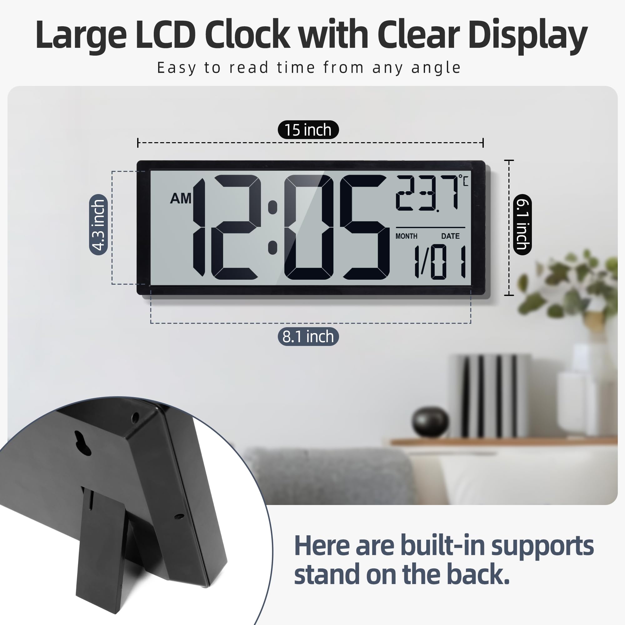 Reloj de pared digital grande de 15 pulgadas, funciona con pilas, con números de pantalla grandes, temperatura y fecha, DST automático y alarma, para oficina, aula, gimnasio, dormitorio
