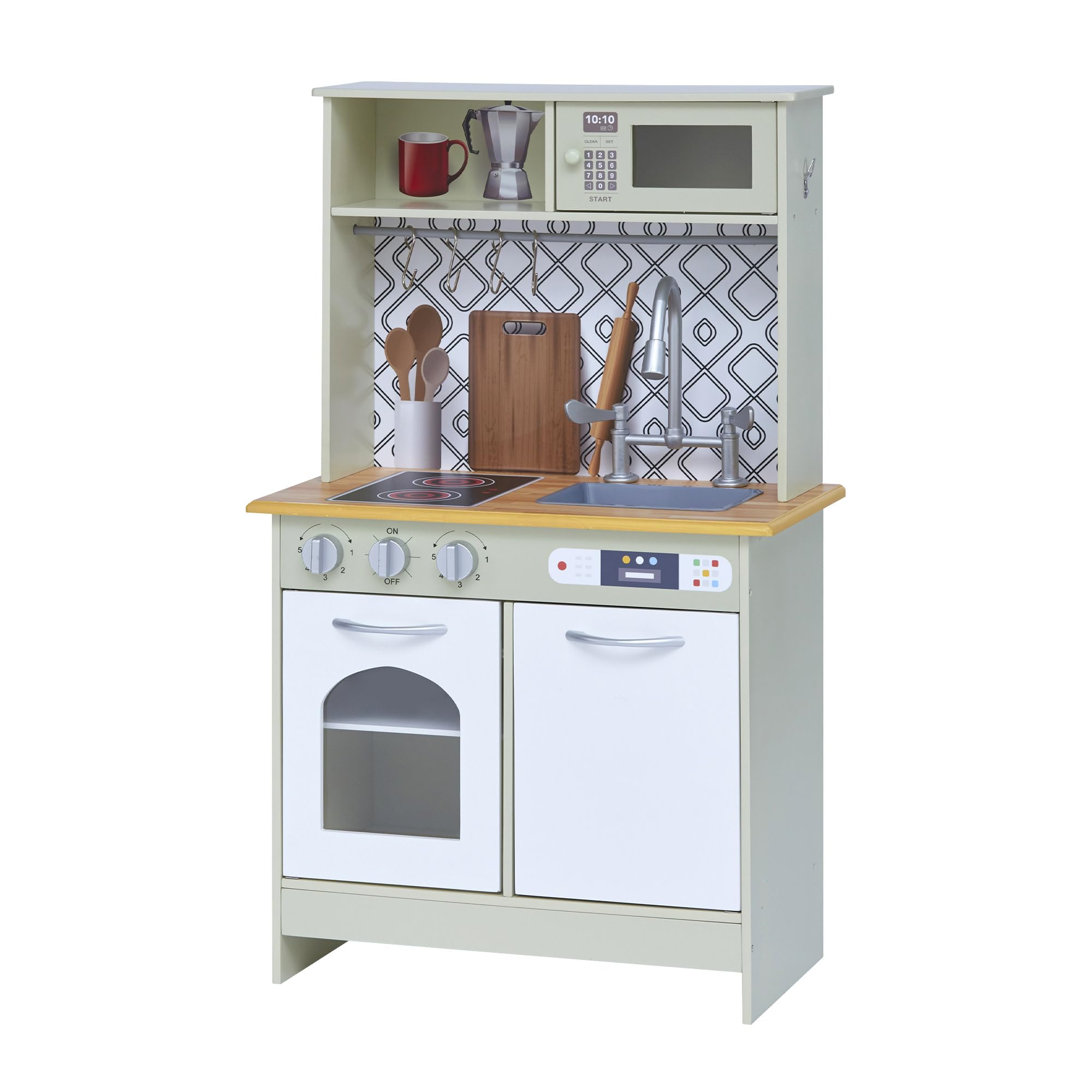 Teamson Kids Little Chef Boston Modern Farmhouse - Juego de Cocina de Madera con Funciones interactivas y 9 Accesorios de Cocina de Juego, Verde Claro/Blanco TD-12679D