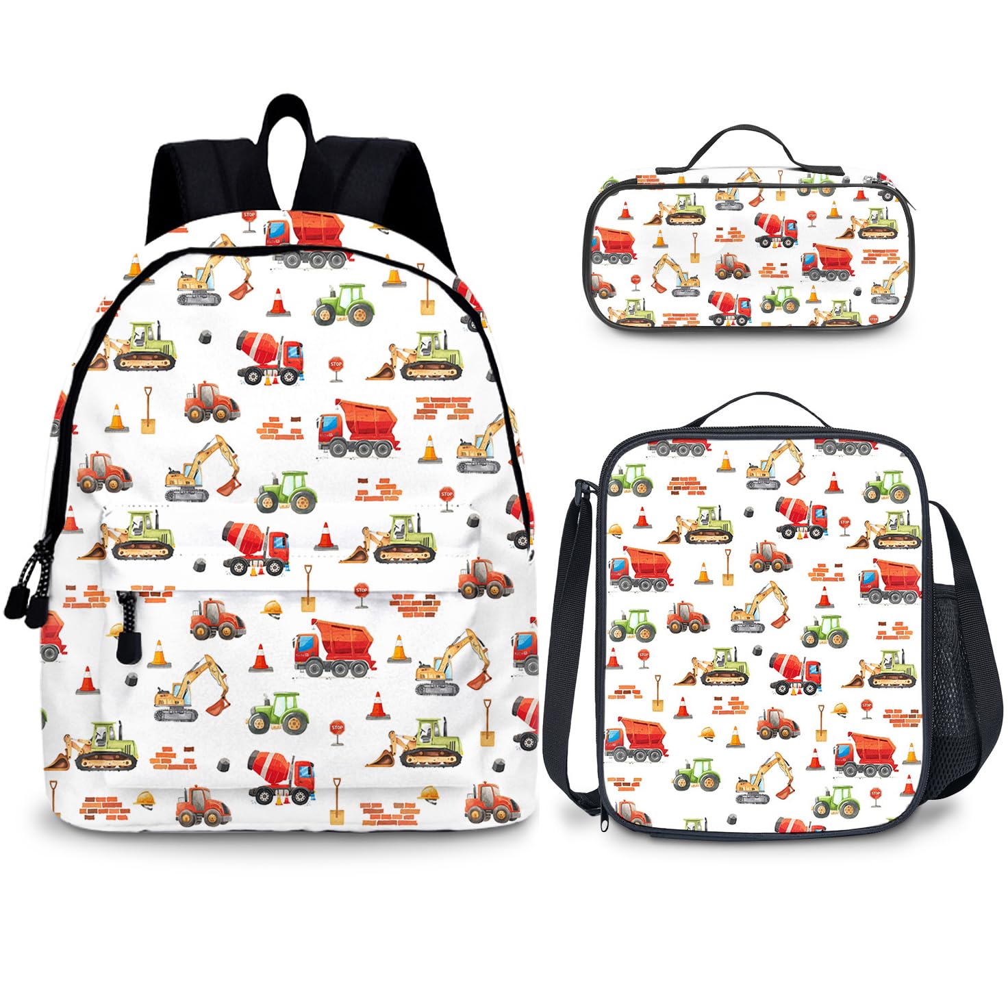 Excavator Kids Backpack for School Boys, 3PCS Bulldozer Teen Boy Backpack with Lunch Box & Pencil Pouch Set, Shoulders Travel Daypack Lightweight