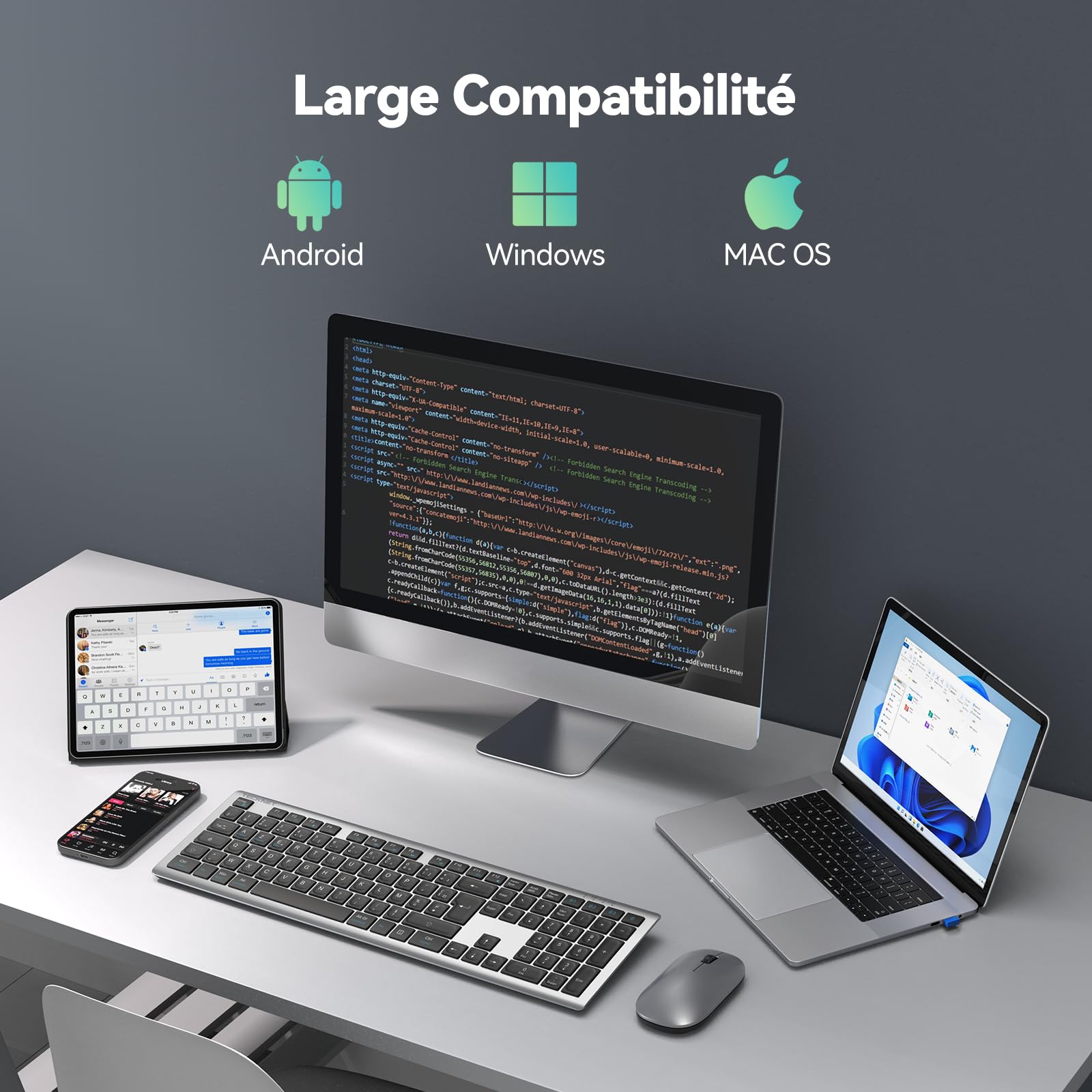 TECKNET Clavier sans Fil Ultra-Mince Rechargeable, Clavier Bluetooth 3 Canaux Multi-appareils, Clavier Silencieux à Frappe Douce, Compatible Mac OS et Windows, Connexion Stable et Longue Autonomie
