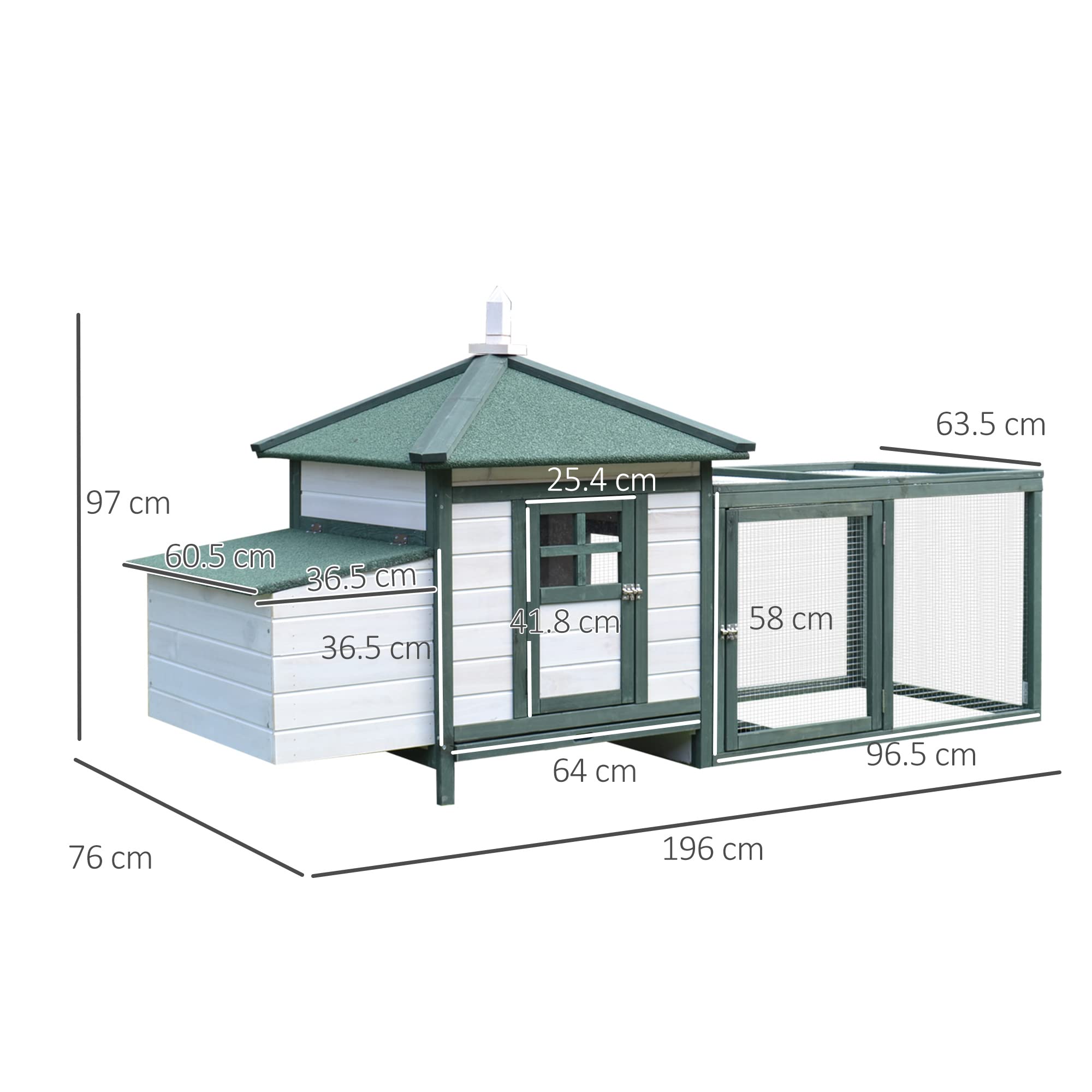PawHut Pollaio in Legno con 1 Nido, Pollaio per Galline da Esterno con Tetto Impermeabile, Vassoio Estraibile e Porta, Casetta per 1-2 Galline, Anatra, Giardino, 196x76x97 cm, Bianco e Verde