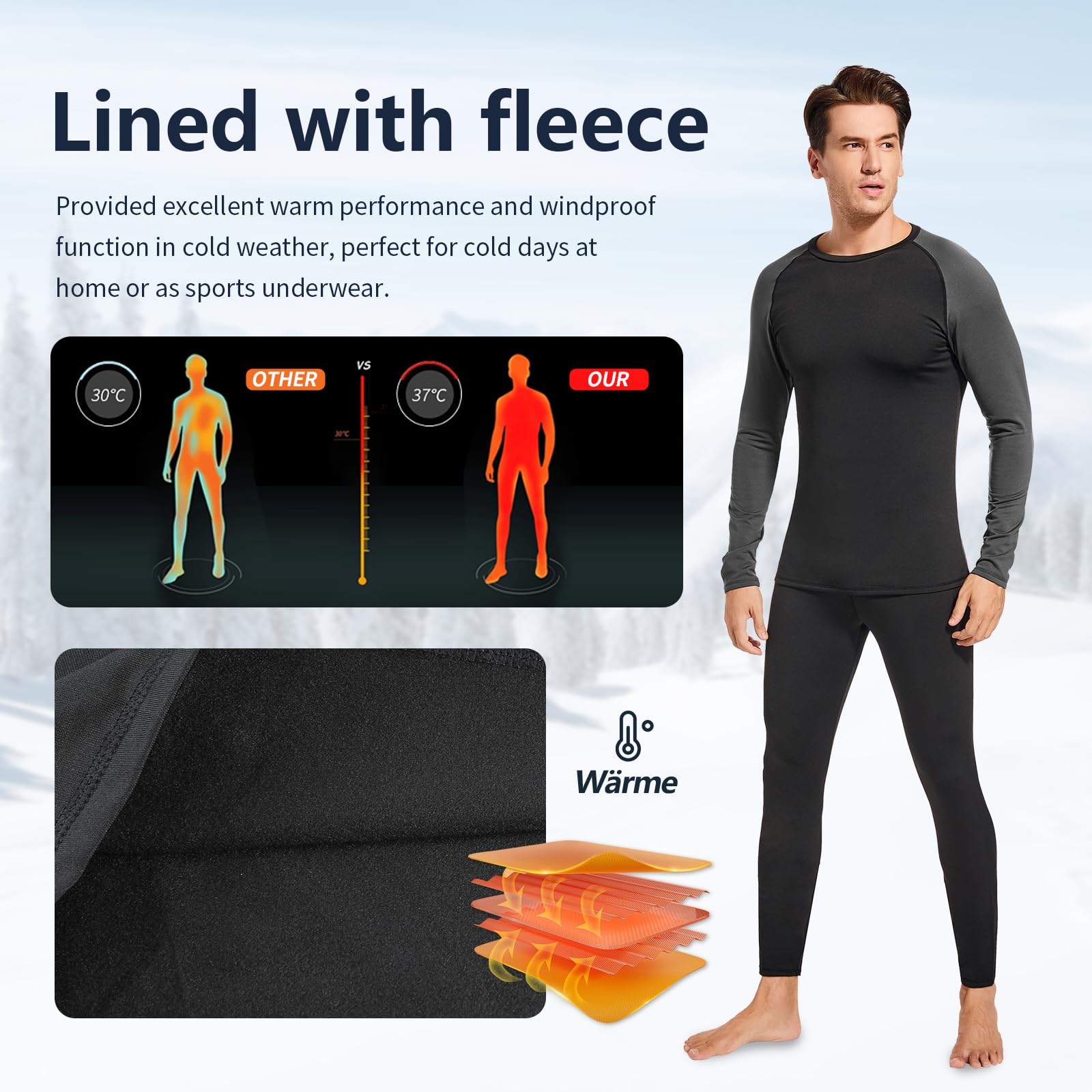 Leeboom Intimo Termico Uomo Invernale Tuta Termica Uomo Antivento Intimo Termico Sci Uomo Biancheria Intima Termica Set per Sci Palestra Ciclismo Corsa
