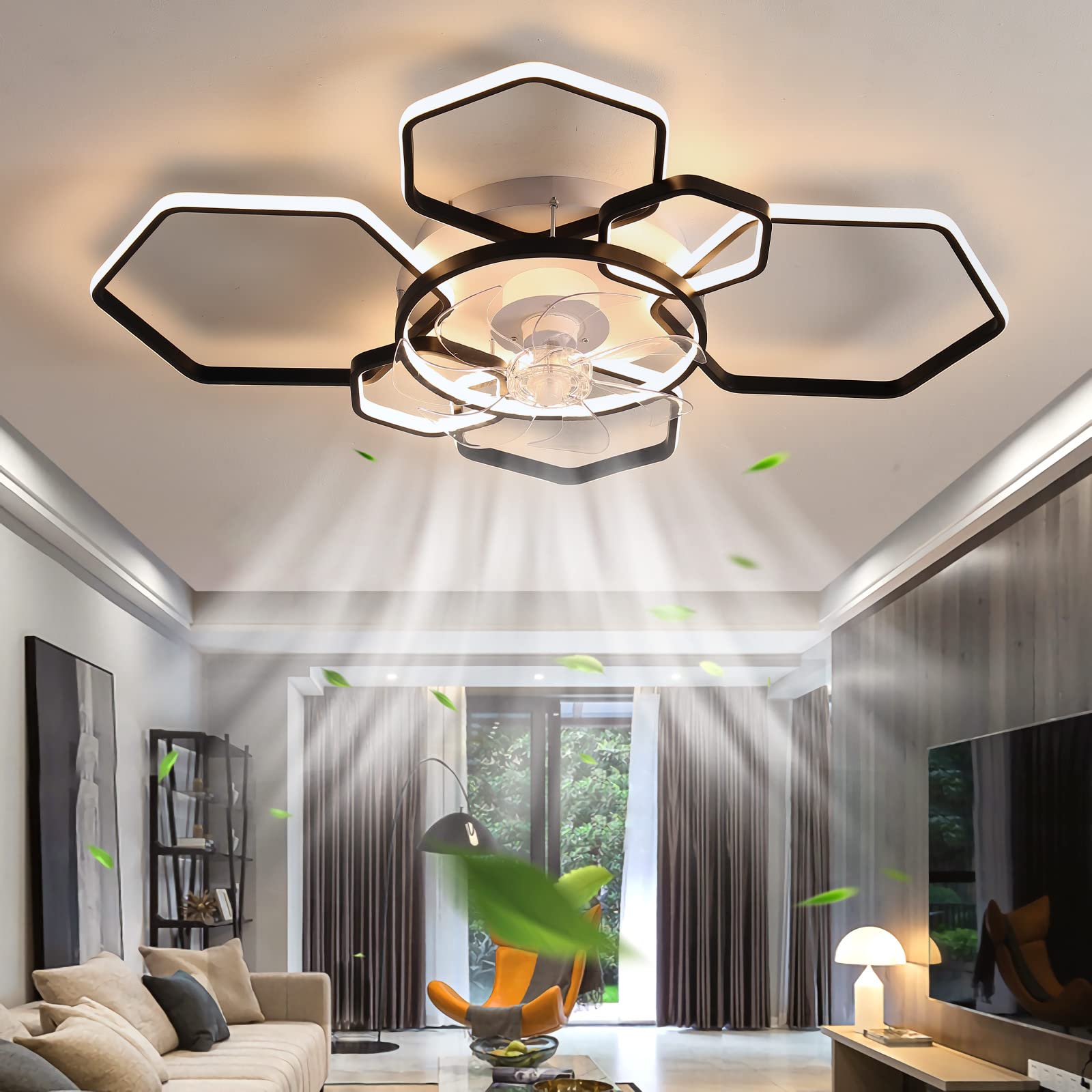 KNVSS LED Ceiling Fans With Lights And Remote Reversible 6 Speed Fan Light Ceiling Modern Silent Ceiling Fan Light For Living Room Bedroom-Black - View #8
