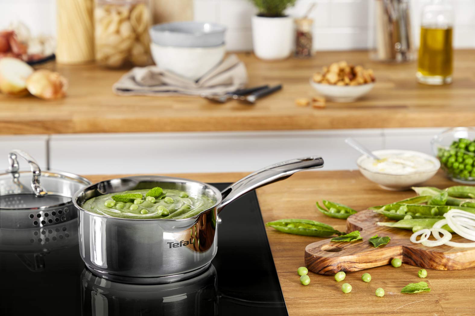 Tefal Duetto + 3 pentole 16/20/24 cm, 1 casseruola 16 cm in Acciaio Inox, 3 coperchi Vetro, segni misurazione, Bordi versatori, Compatibile Tutti i Tipi cucine, Lavabile in lavastoviglie