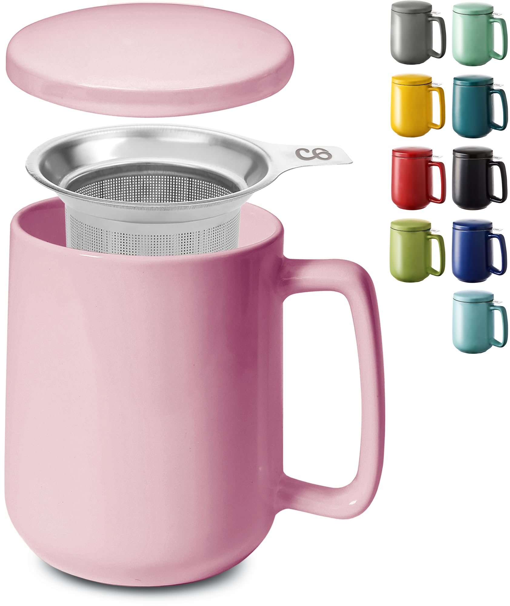 Tea Cup with Infuser and Lid - 500ml Large - Ceramic Mug - Long Warmth - Scratch Resistant - Dishwasher Safe (Pink)