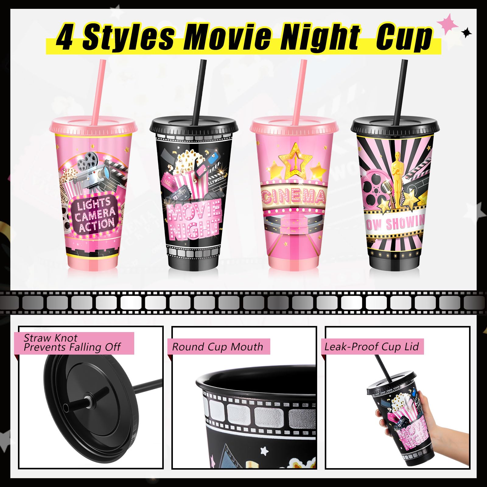 Uiifan Partyzubehör für Filmabende, 680 ml, mit Deckel und Strohhalm, wiederverwendbar, Theaterbecher für Hinterhof, Filme, Motto-Party, Geschenk, Dekorationen, Gastgeschenke, 24 Stück