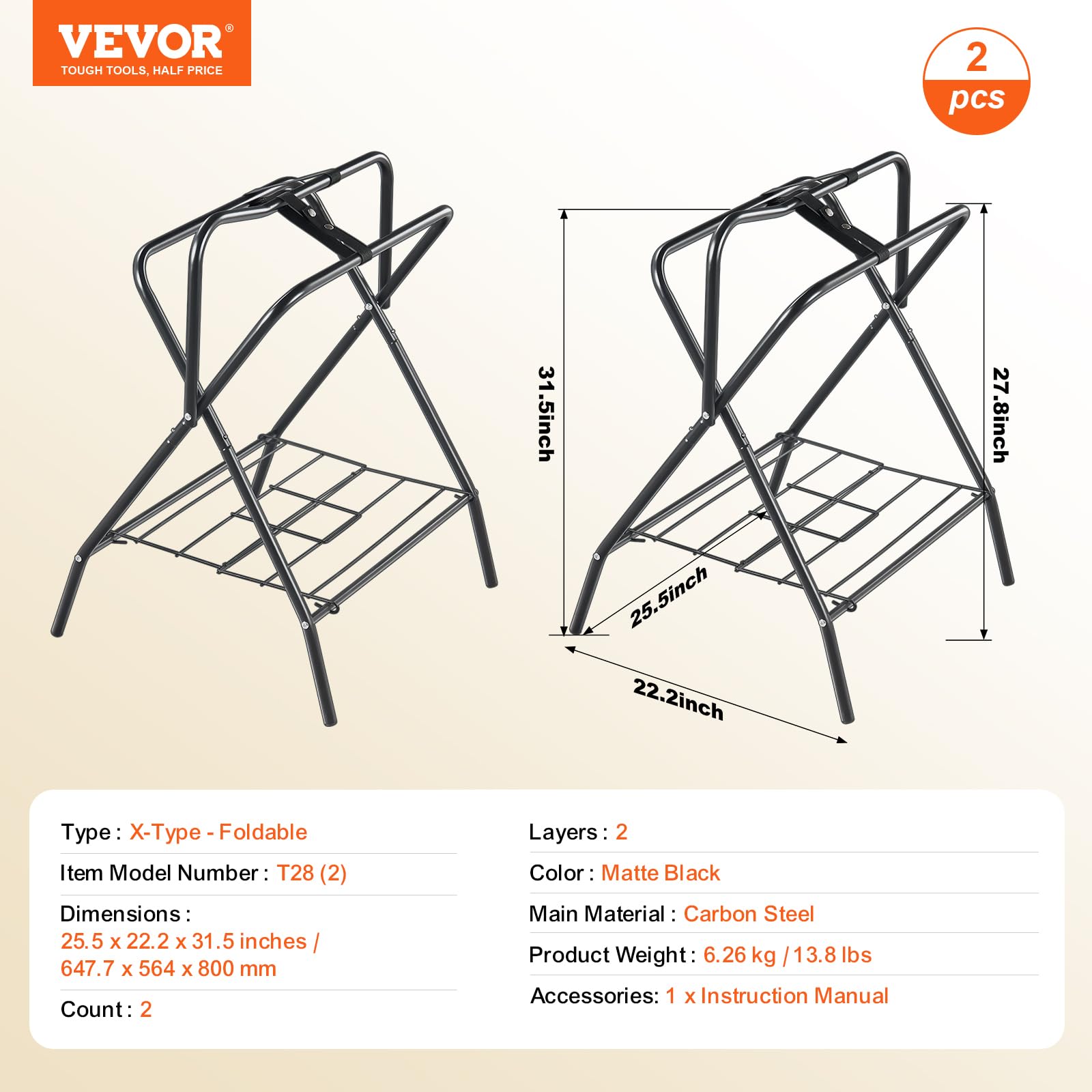 VEVOR Supporto per Sella Pieghevole, Supporto per Sella per Cavallo Indipendente in Acciaio, Supporto per Coperta per Selle Inglesi e Western, Deposito per Finimenti, 2 Pezzi Nero 711 x 482 x 952 mm