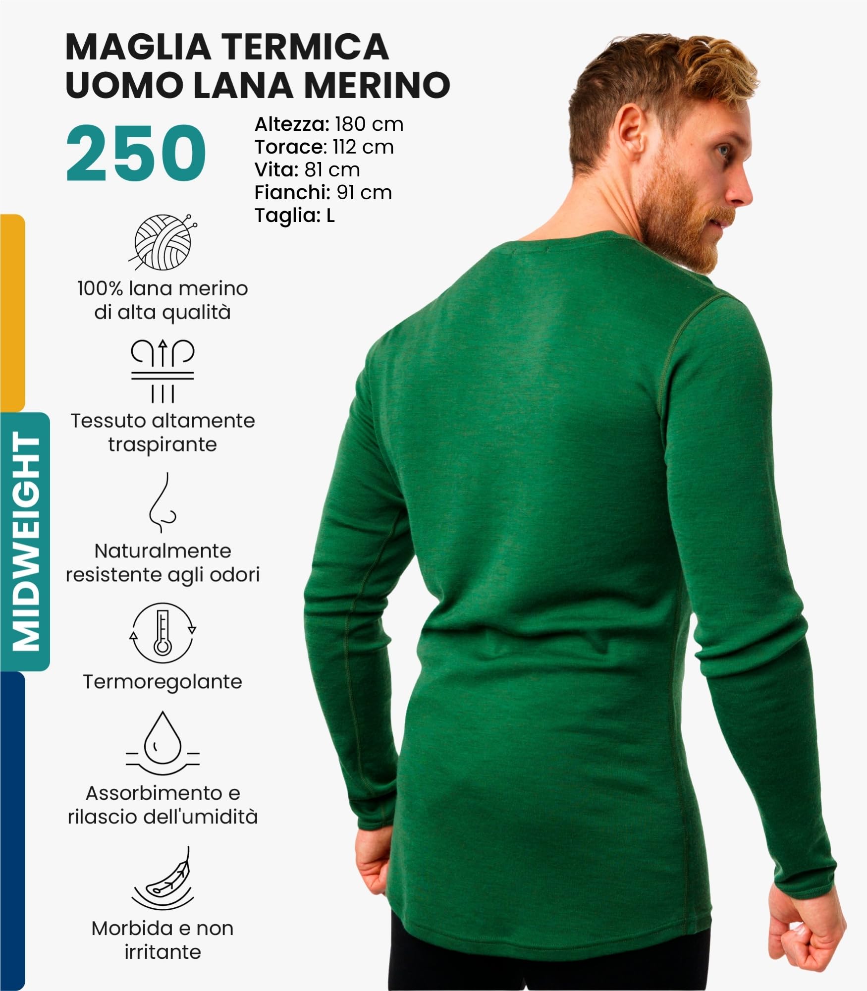 Merino.tech Maglia Termica Lana Merino Uomo - 100% Intimo Termico Lana Merino Uomo Leggero, Medio, Pesante con Calzini