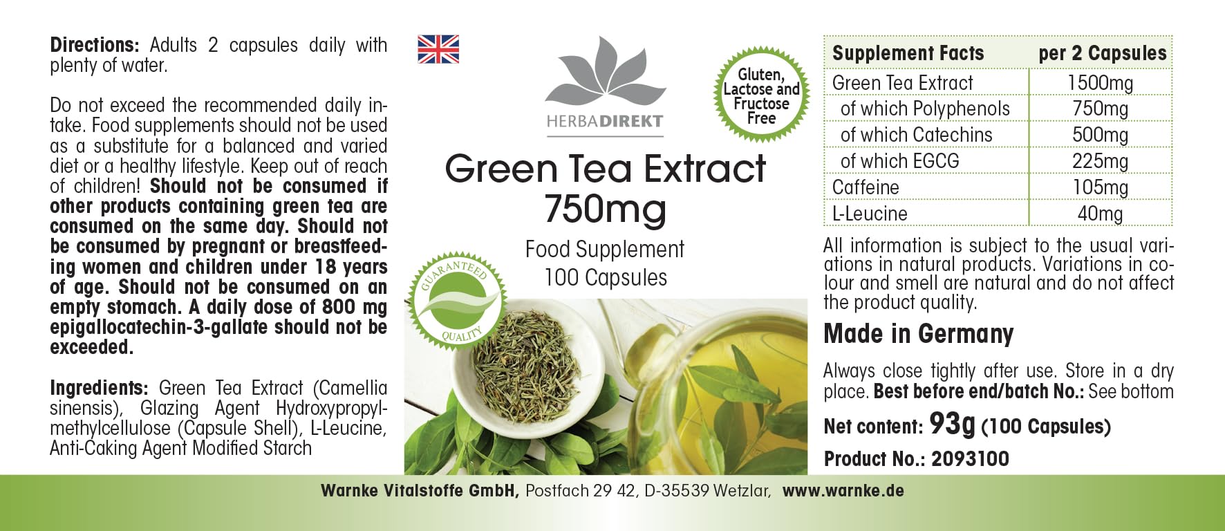 Estratto di tè verde 750 mg capsule - 100 capsule - polifenoli - catechine - EGCG - caffeina - ad alto dosaggio - vegano | HERBADIREKT by Warnke Vitalstoffe - Qualità farmaceutica tedesca