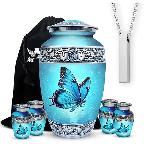 Set of 6 Butterfly Decorative Cremation Urns for Ashes for Women & Men Includes 1 Large Urn with 4 Small Keepsakes & 1 Necklace