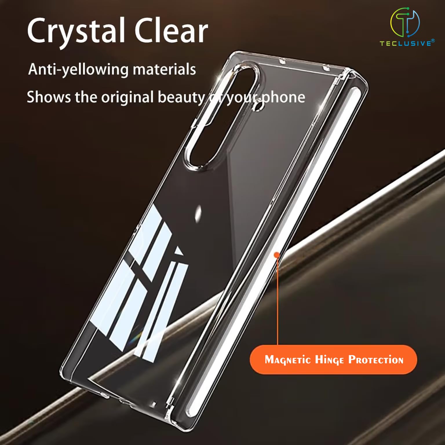 T TECLUSIVE Clear Case with Magnetic Hinge Protection Compatible with Galaxy Z Fold 7 | Crystal Transparent Hard Shell Cover with Front Glass Protector | Lifetime Anti Yellow — Amazon image 3