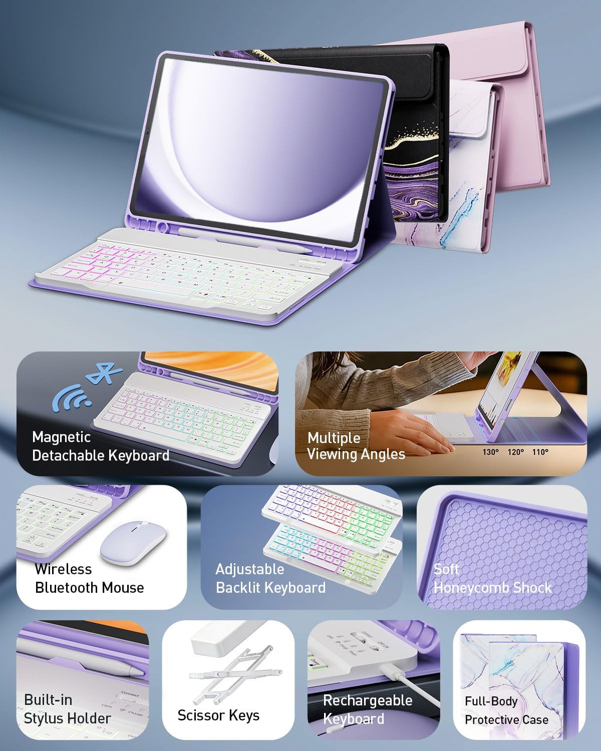 Keyboard Case for Samsung Galaxy Tab A9+/A9 Plus 11 Inch 2023 (SM-X210/X216/X218), Detachable Color Backlit Bluetooth Keyboard and Mouse, Lightweight Stand Cover with Pen Holder (Purple Marble)
