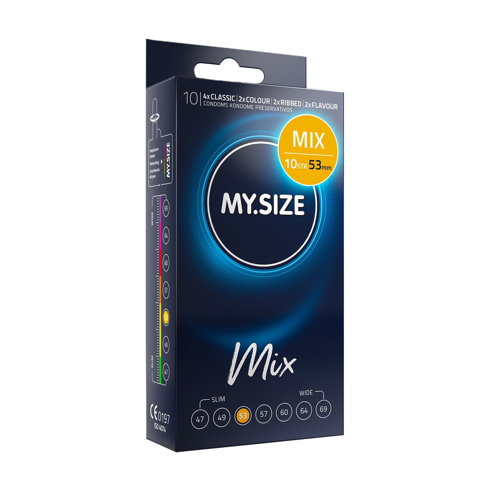 MY.SIZE Mix Premium Kondome Größe 3, 53 mm – 10 Stück | 4 Varianten: Classic, Genoppt, Blau & Rot |