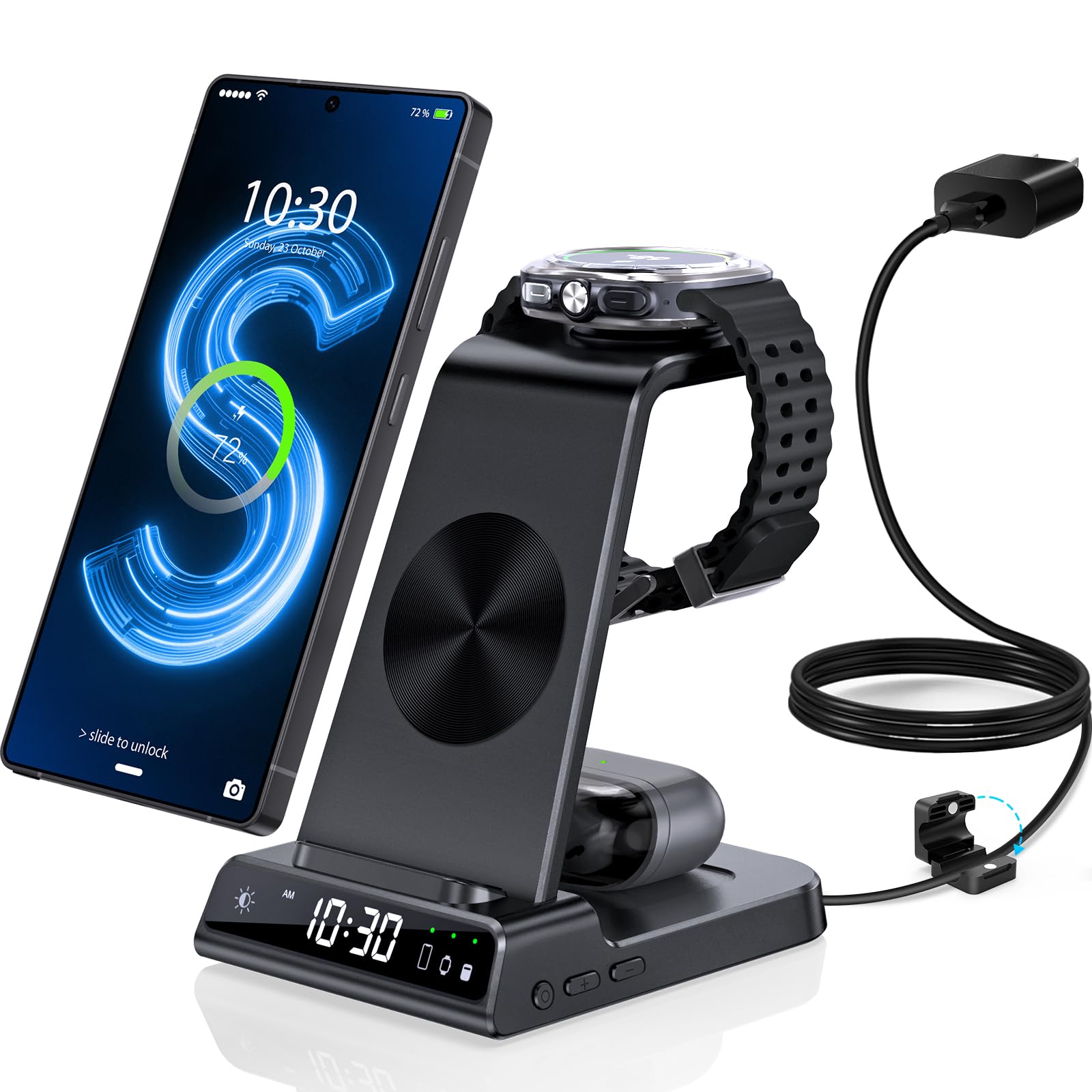 Wireless Charger for Samsung Charging Station with Clock for Samsung Galaxy S25 Ultra/S24 Ultra/Z Fold 7/6/Flip7/Bud, 3 in 1 Android Charging Station, Watch Charger for Samsung Galaxy Watch 8/7/6/5Pro