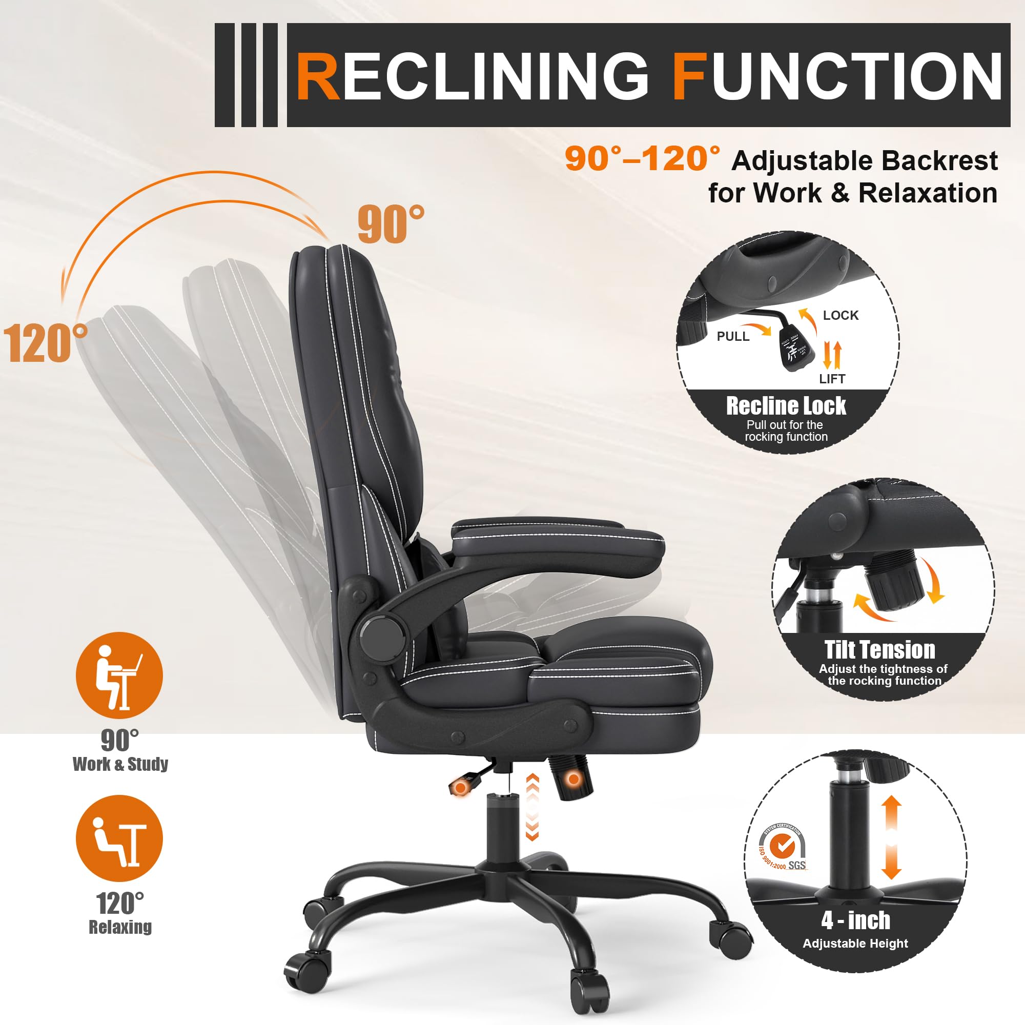 Ergonomic Office Chair with Flip-up Armrests 300lbs Middle-Tall Computer Office Desk Chair with Lumbar Support Executive Leather Chair — view 6