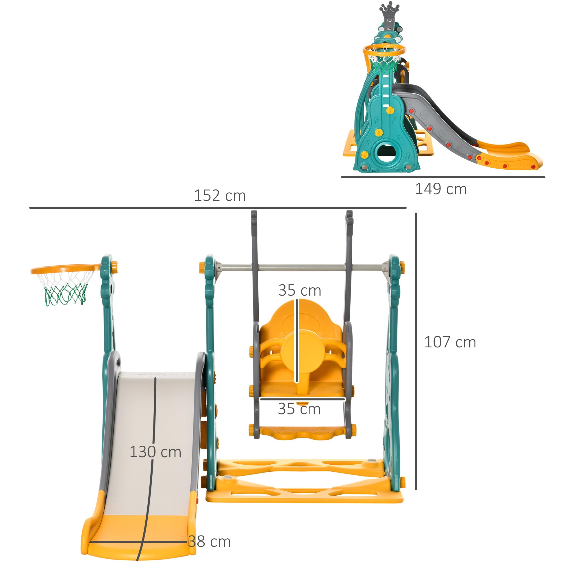 HOMCOM Toboggan Et Balançoire pour Enfants 4 en 1 Bleu Jaune | Aire de Jeux Pour Tout-Petits, Avec Panier De Basket, Siège Réglable En Hauteur, Extérieur et Intérieur