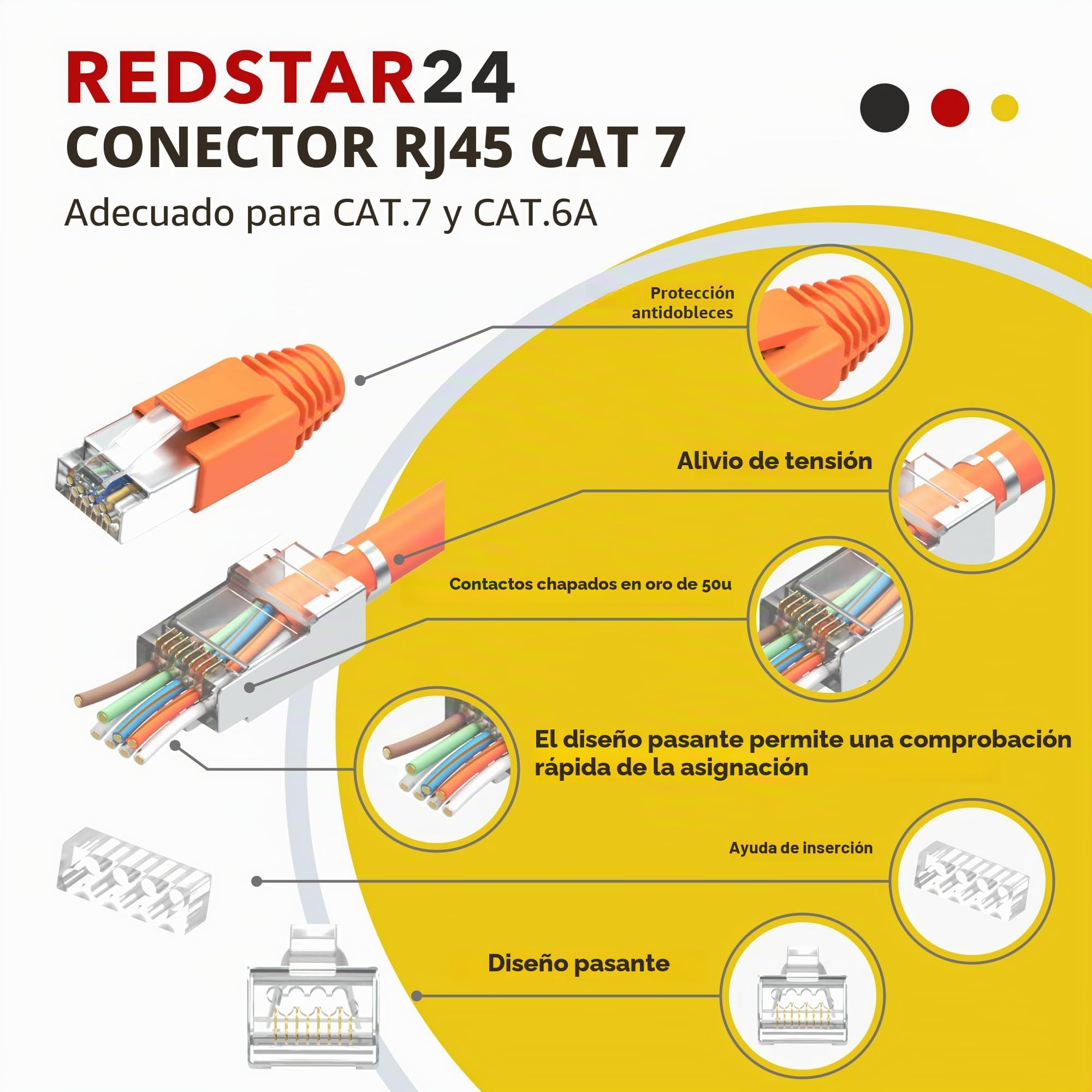 RedStar24 Conectores RJ45 Cat7 – Pack de 10 enchufes Ethernet Pass Through con protección contra dobleces y ojal de inserción – Compatibles con cables Cat7, Cat6A, Cat6 AWG23 – 8 pines – naranja