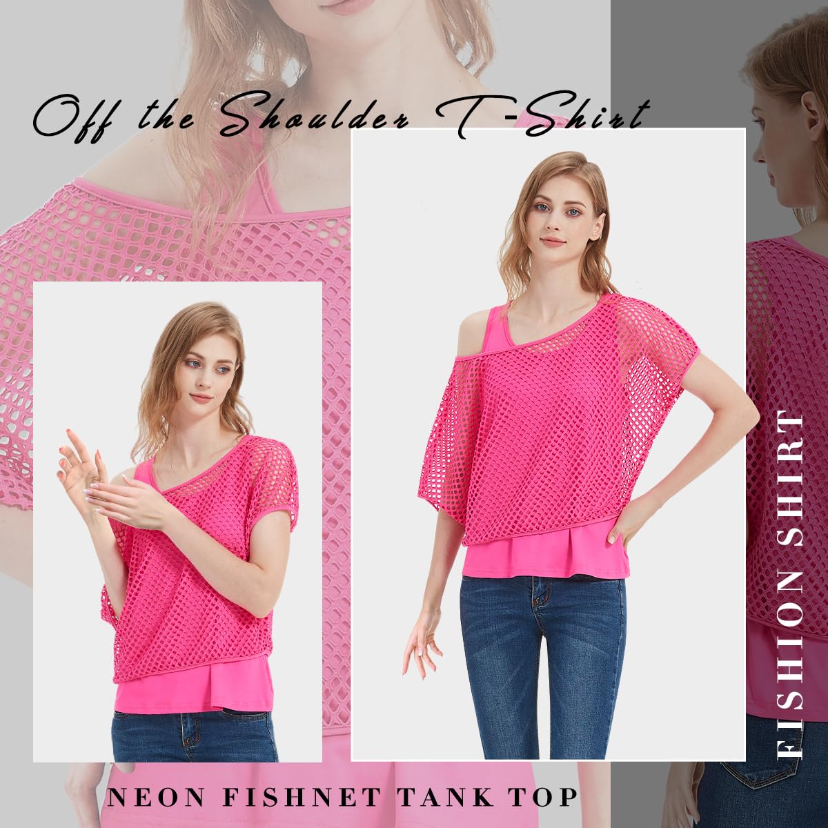WILDPARTY 80er 90er Jahre Outfit Damen, Netzshirt, Tank top, Beinwärmer, Netzhandschuhe, Kostüm 80er Jahre Netzoberteil Damen Tops Neon Shirt 80s Aerobic Outfit Kleidung Mottoparty Clothes Made IN