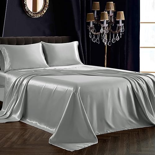 Miniatura 7 de SiinvdaBZX - Juego de sábanas de satén de tamaño California King, 4 piezas ultra sedosas, suaves, de satén gris claro con bolsillo profundo, 1