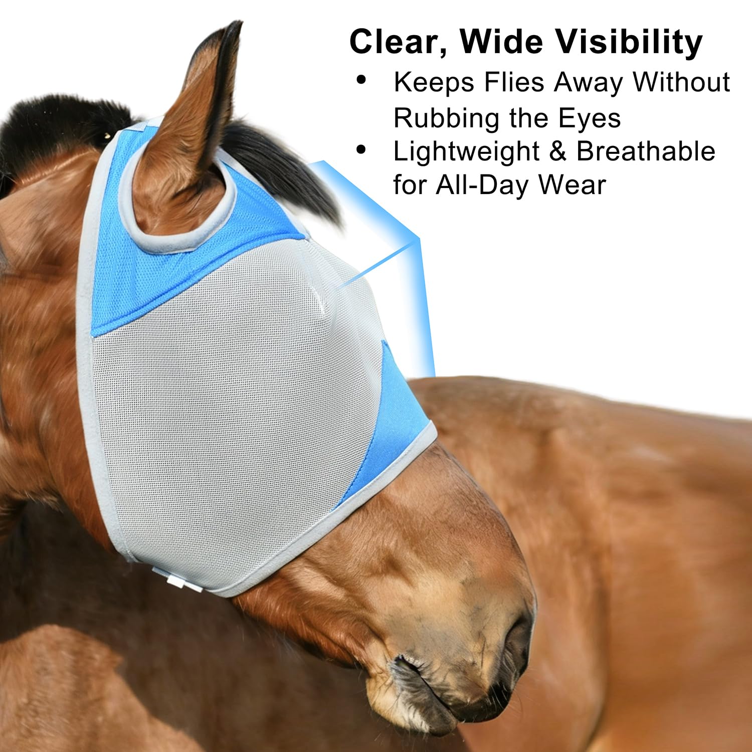 Fornyk Horse Fly Mask Without Ears, Writable Name Tag, UV Protection, Soft Padding, Adjustable Hook-and-Loop Strap, Ideal for Daily Turnout and Multi-Horse Barns (Blue, Large) - image 4