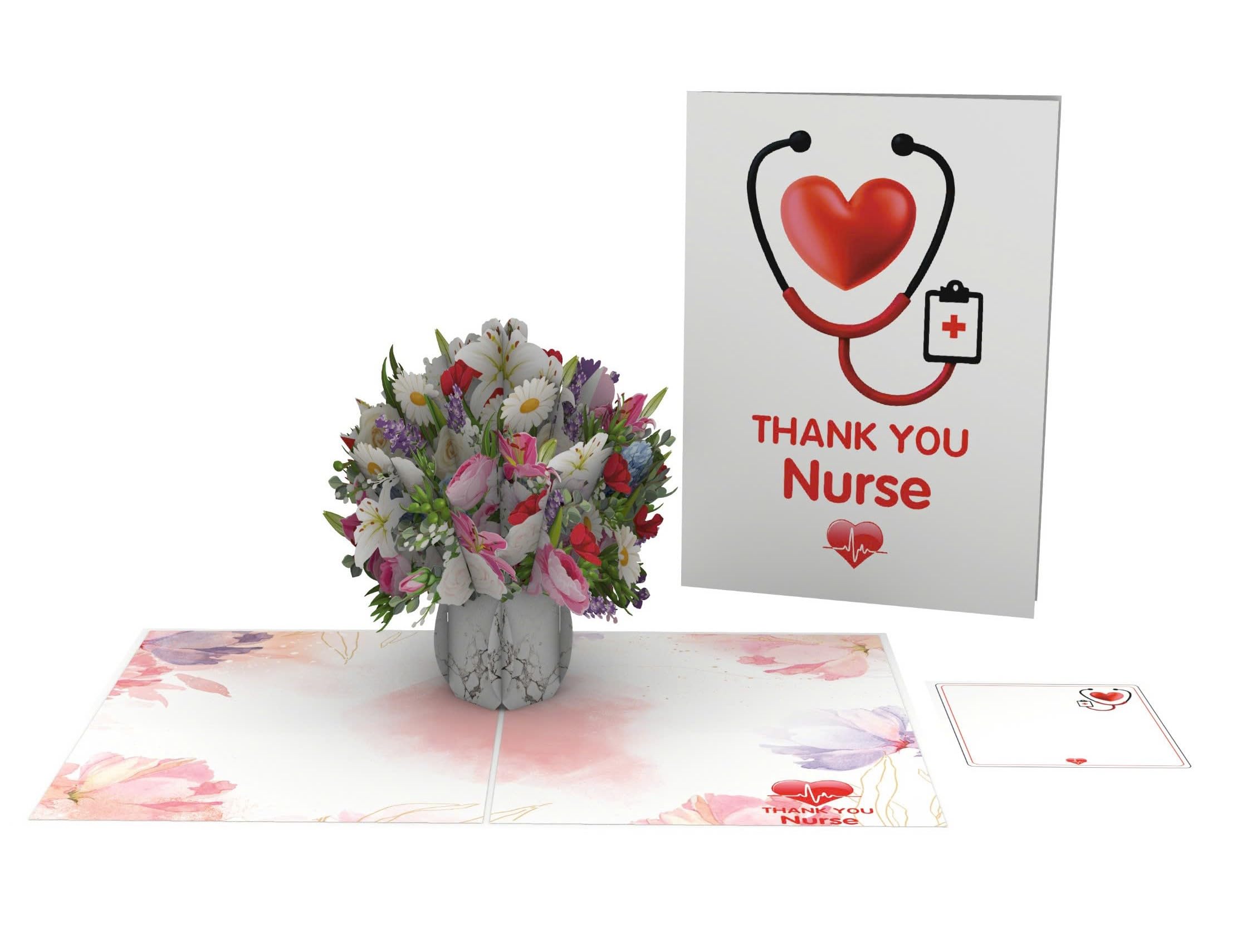 iGifts And Cards Tarjeta desplegable 3D de ramo de agradecimiento para enfermeras, felicitación de 5 x 7 pulgadas con tarjeta de notas y sobre, celebra la semana de las enfermeras, tarjeta floral de