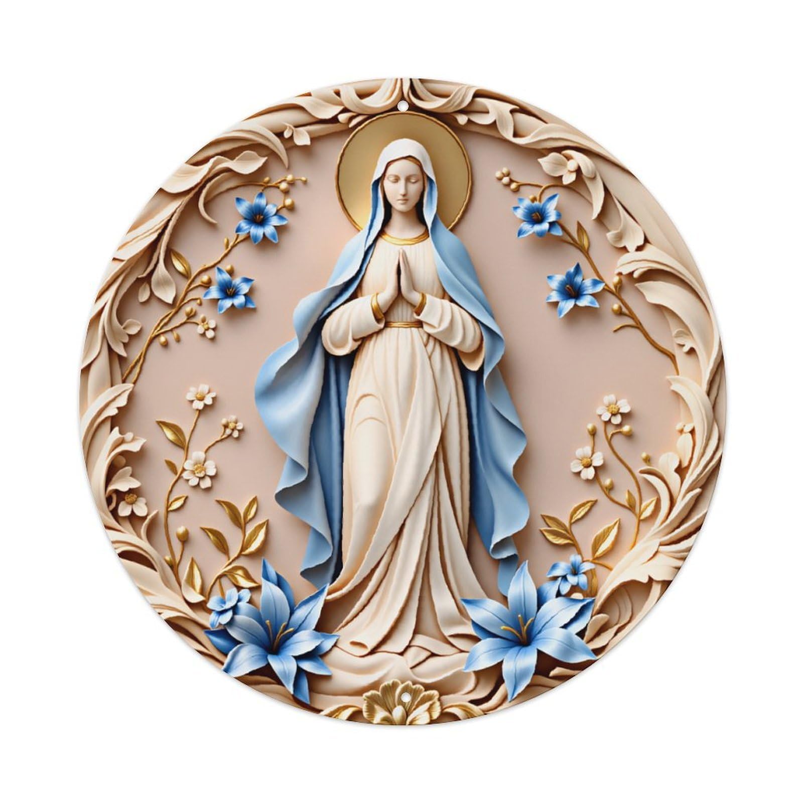 Virgin Mary Blue Lily Religious Wall Sign Vintage Aluminium Metal Sign, Retro Wall Decor for Home, Bar, Garage & Farmhouse 20x20cm