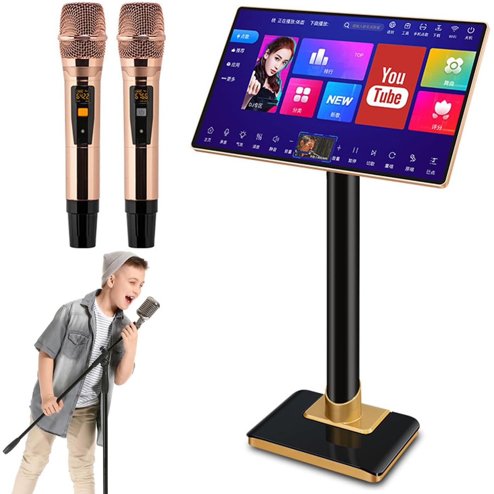 Karaoke-System, 21,5-Zoll-Touchscreen, Smartphone-Fernbedienung und App-Steuerung, Cloud-Download von Songs, All-in-One-Karaoke-Anlage mit kabellosem Mikrofon, KTV-Sing-Player,4TB