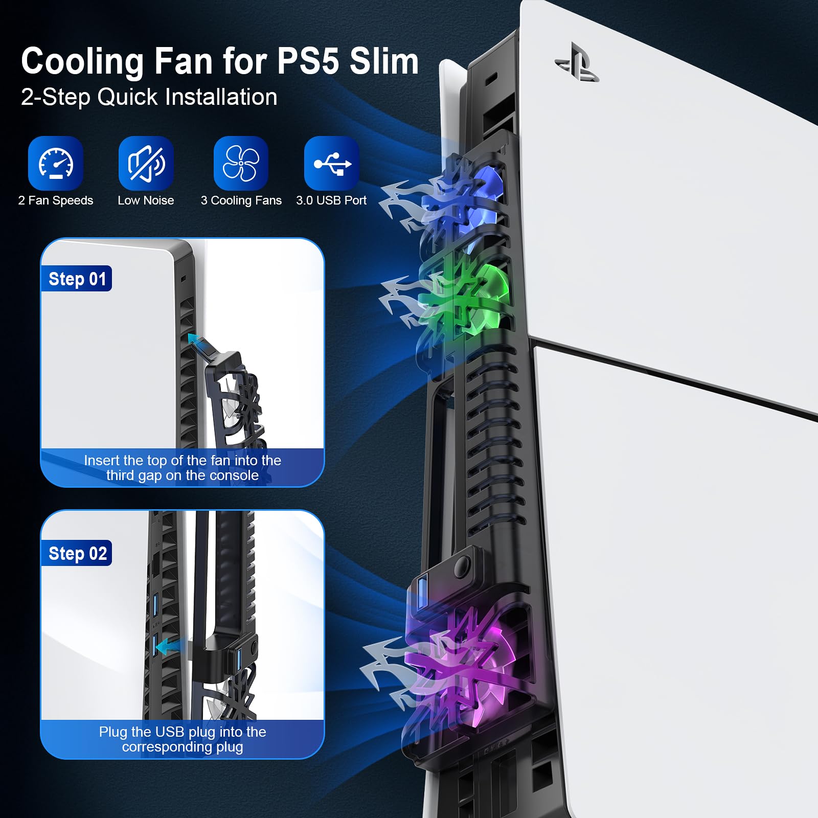 Ventola di Raffreddamento per PS5 Slim, Auto ON/OFF Ventola Silenziosa Controllo Temperatura Ventola Accessori con 2 Velocità y Porta 3.0 USB per PS5 Slim Disc/Digit Edition