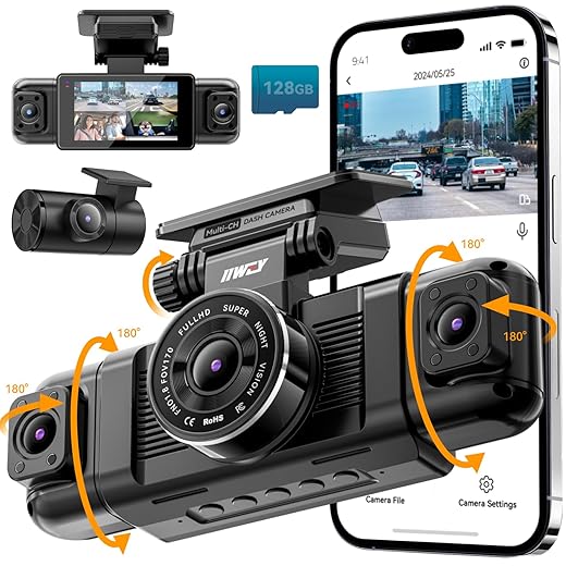 IIWEY N5 4 Channel Dash Cam, 360° All-Sides View, FHD 1080P Front and Rear Inside, Left Right Dash Camera for Cars, 8 IR Lamps, 5G WiFi & APP Control, 24H Parking Mode, G-Sensor, with a 128GB SD Card