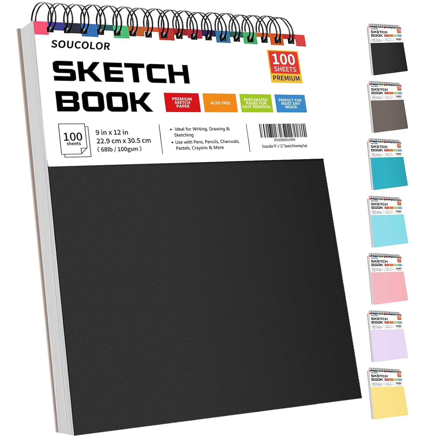 Soucolor Sketch Book, Spiral Bound Acid-Free Sketchbook with 68lb/100gsm for Paper Painting, Drawing, Writing, Artist Sketching Pad for Kids, Adults & Teens, 100 Sheets (Black,...