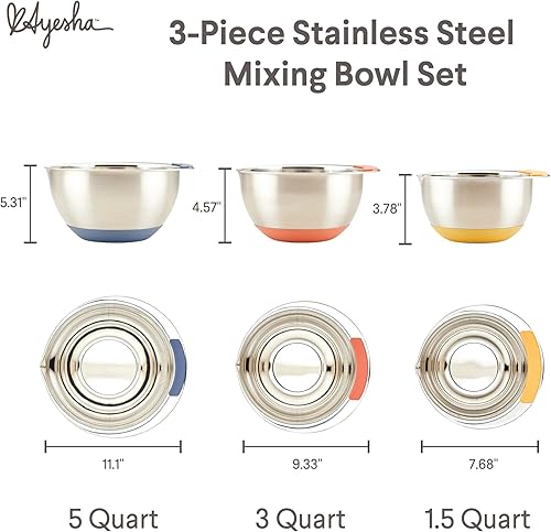 Miniatura 2 de Ayesha Curry Kitchenware Pantryware - Cuencos para mezclar de acero inoxidable, juego de 3 piezas, color plateado con asas de color