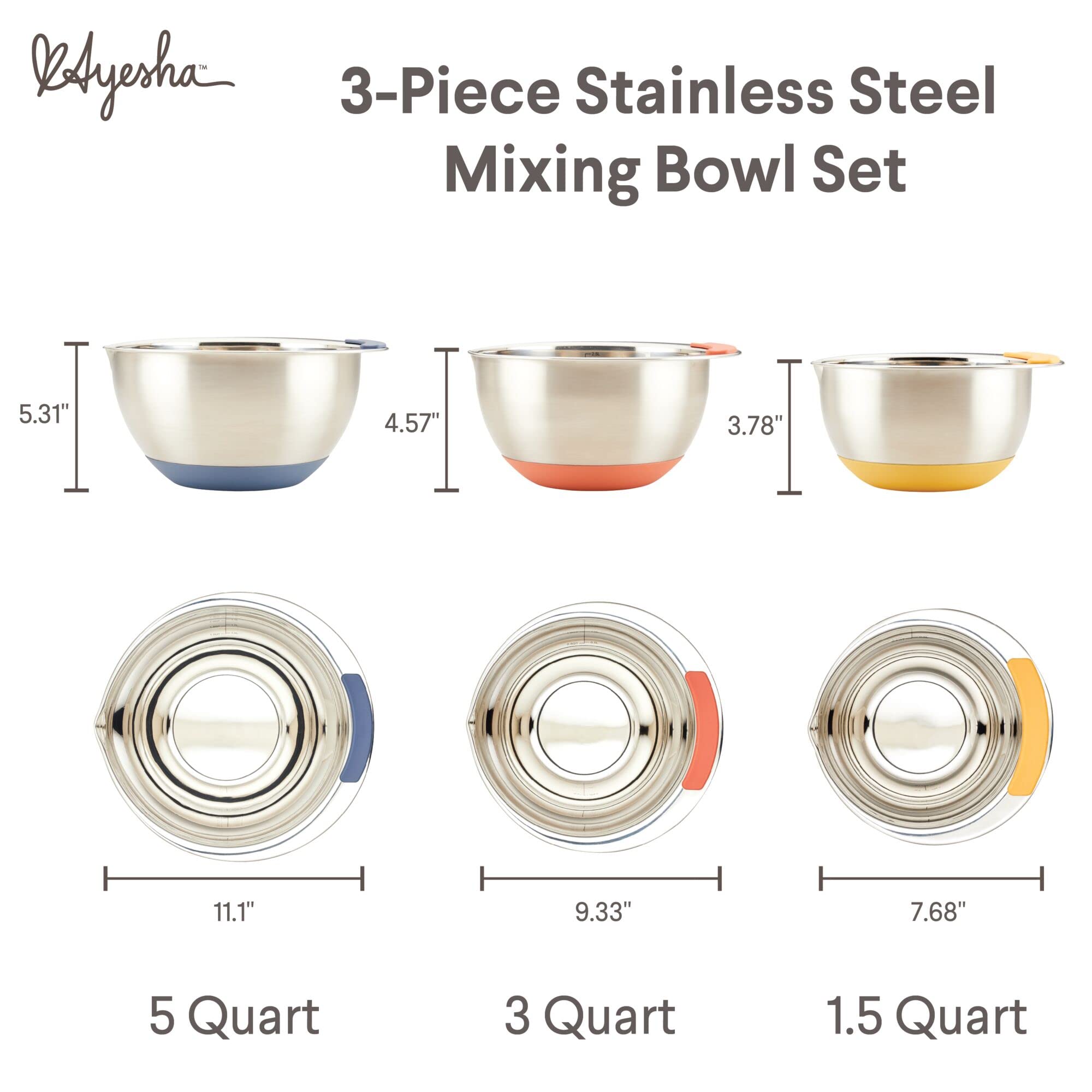 Ayesha Curry Kitchenware Pantryware Juego de Cuencos para Mezclar de Acero Inoxidable, Plata con Asas de Color