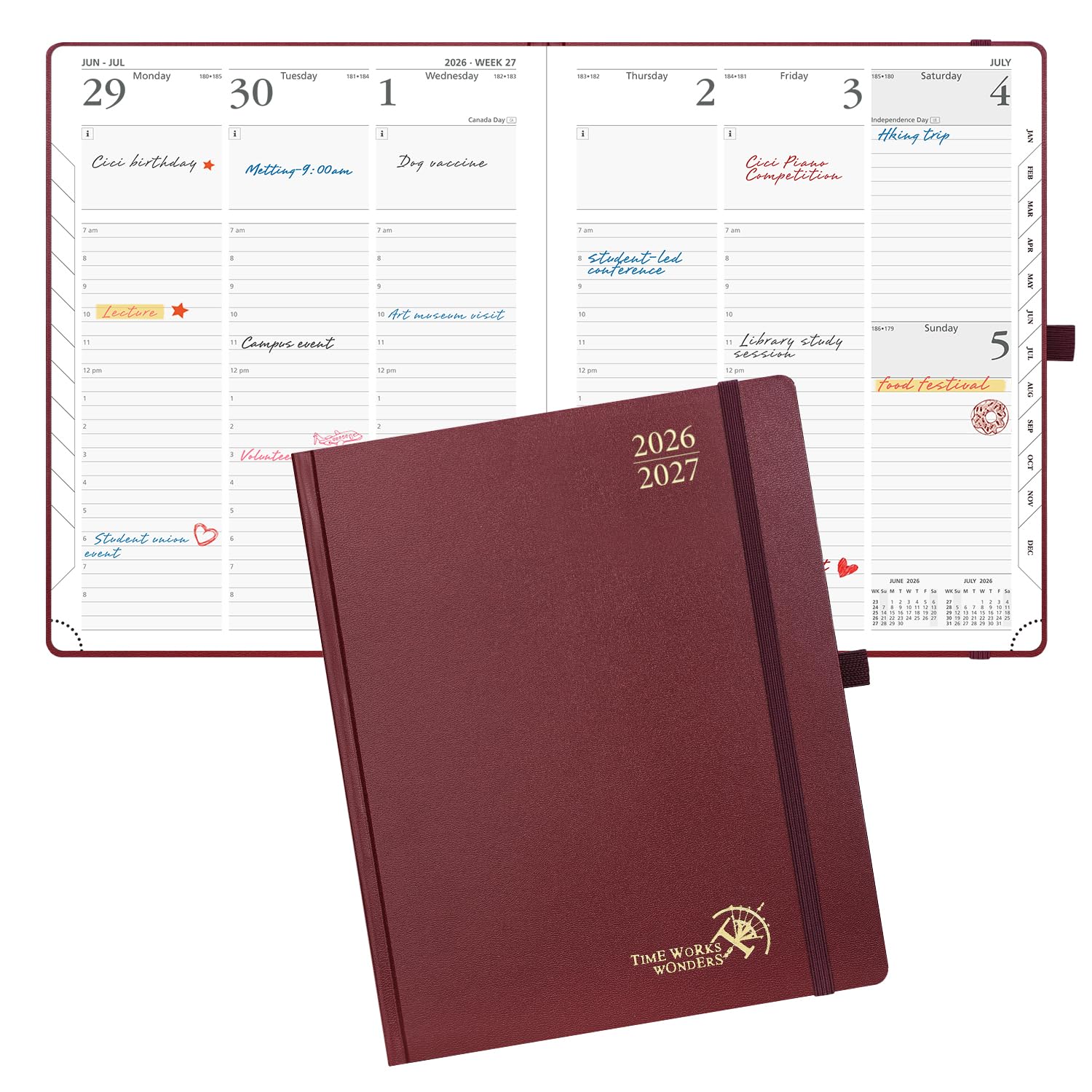 POPRUN 2026-2027 Academic Planner, Large Size 8.5" x 10.5", Weekly and Monthly Calendar, July 2026 to June 2027, Hardcover Appointment Book with Verital Layout, Hourly Time Slots, Monthly Tabs