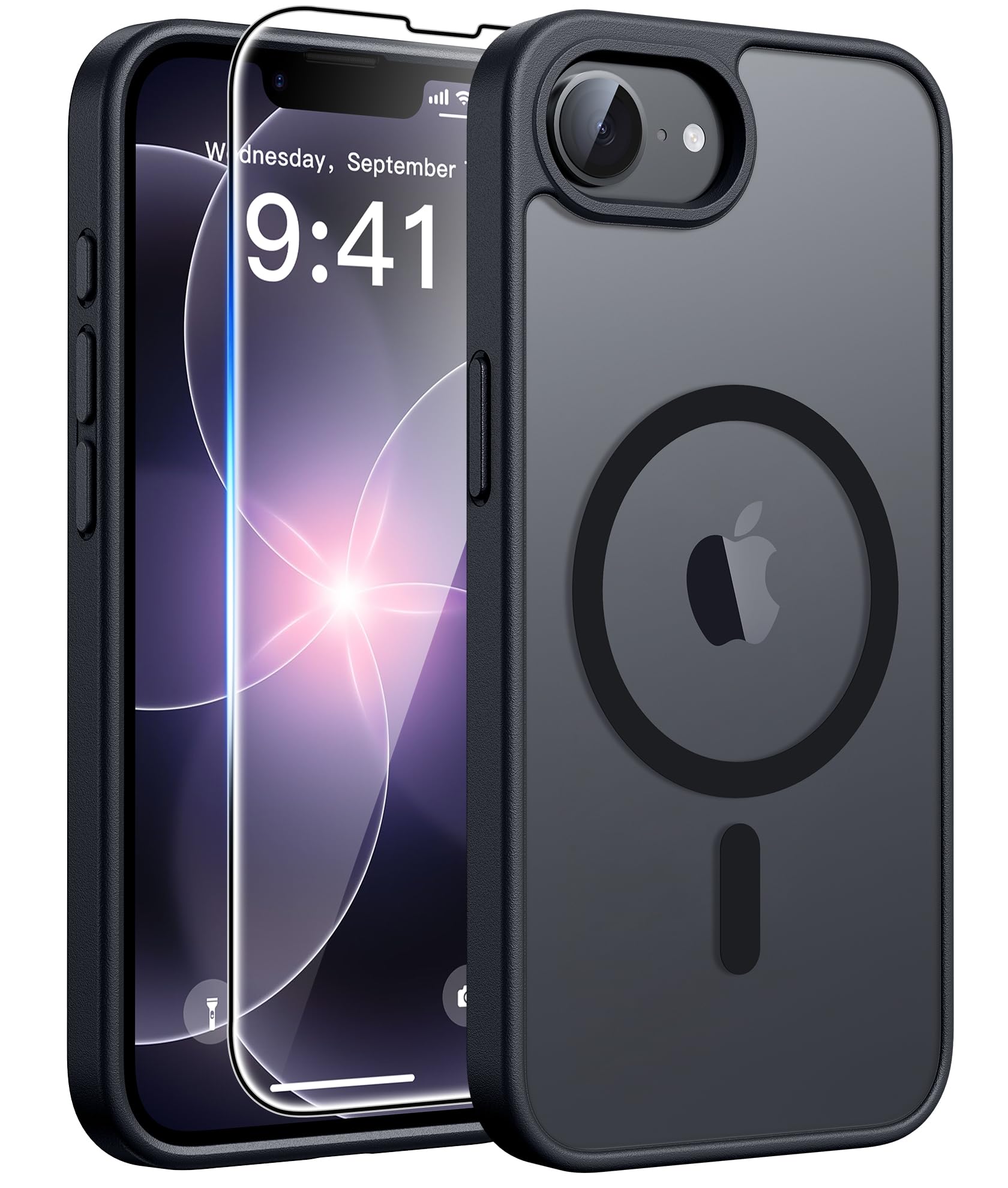 FNTCASE for iPhone 17e Case: iPhone 16e Phone Case [Compatible with Magsafe] Translucent Matte Cases with [Screen Protector] Military Grade Shockproof Protective Phone Cover - Black