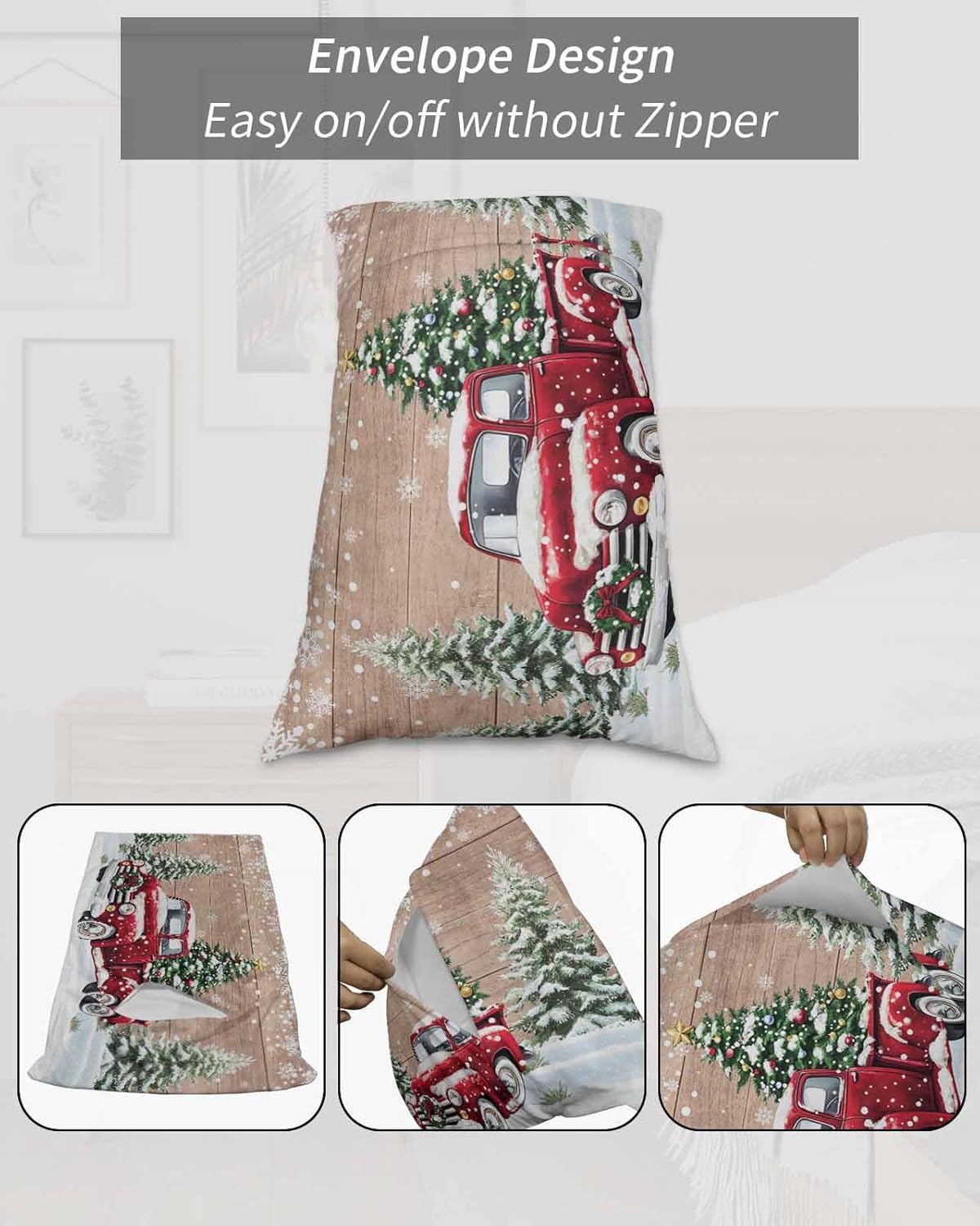 DecorLovee Christmas Red Truck California King Pillow Case - Microfiber Bed Throw Pillow Covers, Winter Farmhouse Snowflakes Wooden Grain Decorative Lumbar Pillow Cover with Envelope Closure 20"x40"