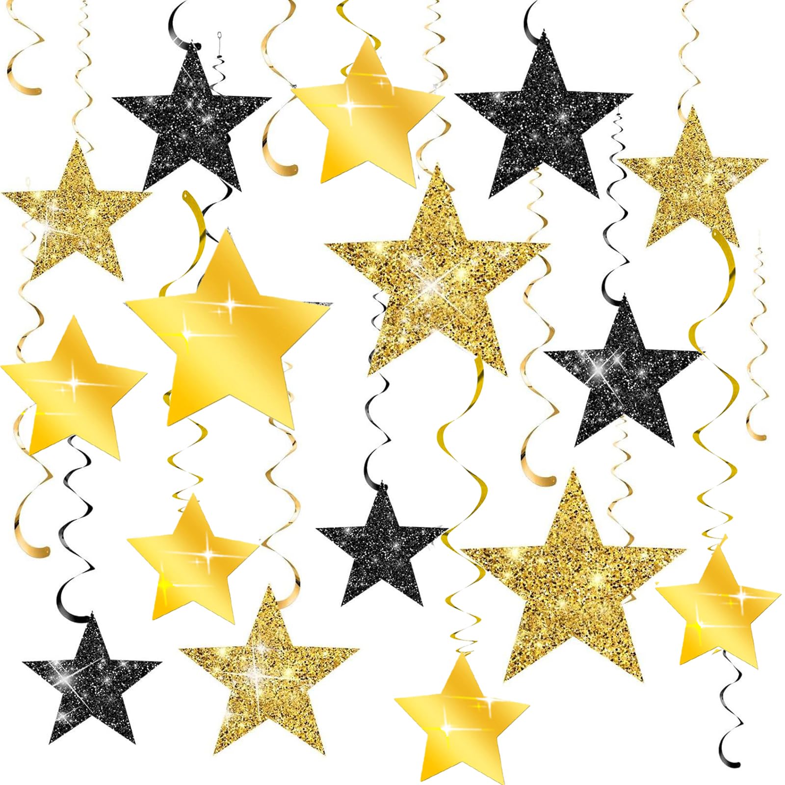 Remolino colgante negro y dorado con estrellas de purpurina para decoraciones de cumpleaños de oro y negro, 16 piezas, 24 pulgadas de largo, para Año Nuevo, decoraciones de fiesta de estrella de