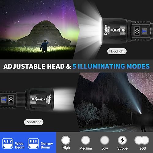 Miniatura 6 de Paquete de 2 linternas recargables, linterna súper brillante de 9000 lm de alto lúmenes con pantalla digital LCD, 5 modos ajustables, potente