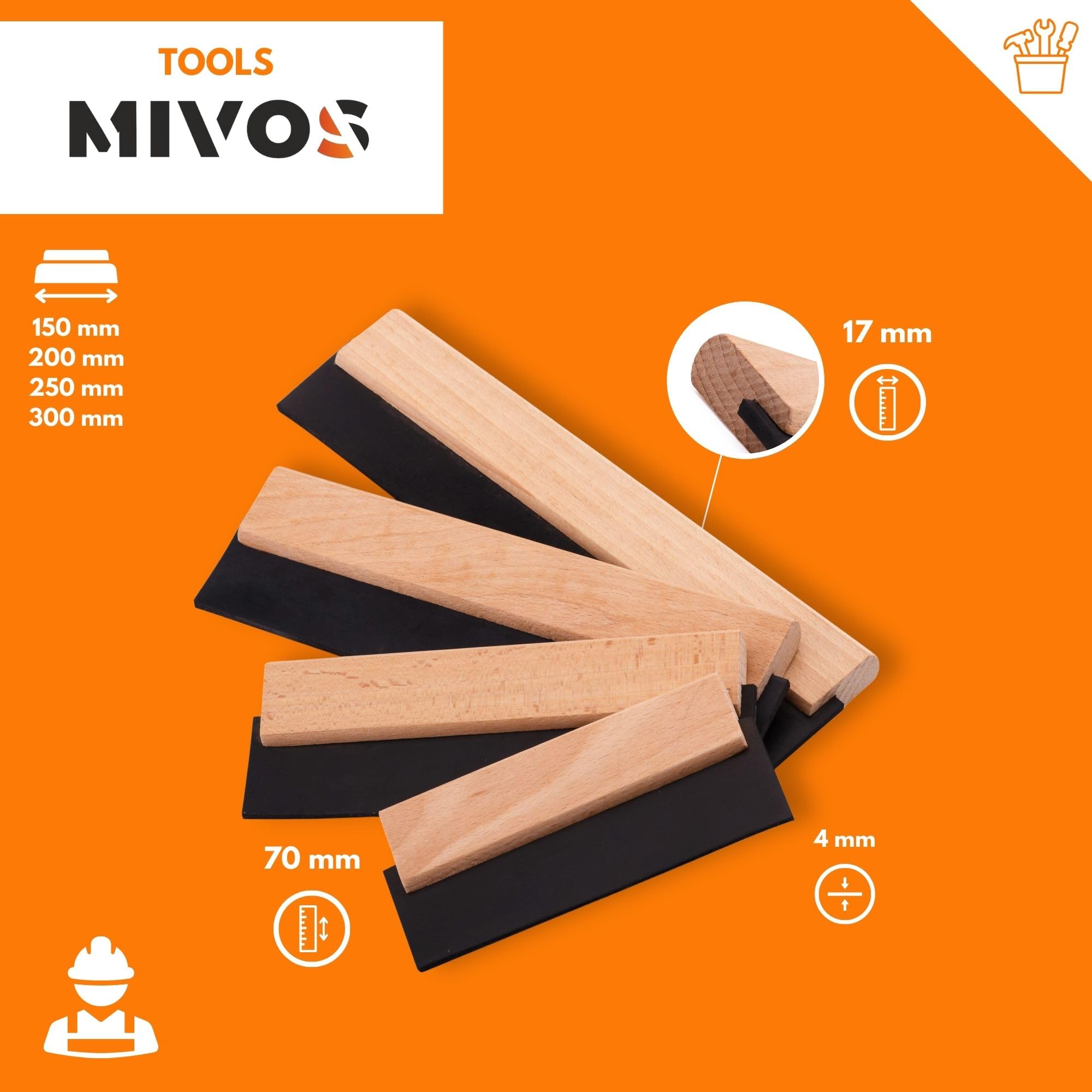 MIVOS Rubber Spatula - Tile Spatula Set - 150 mm - 200 mm - 250 mm - 300 mm - Grout Rubber Wooden Handle - Grout Rubber - Made in EU - Image 3