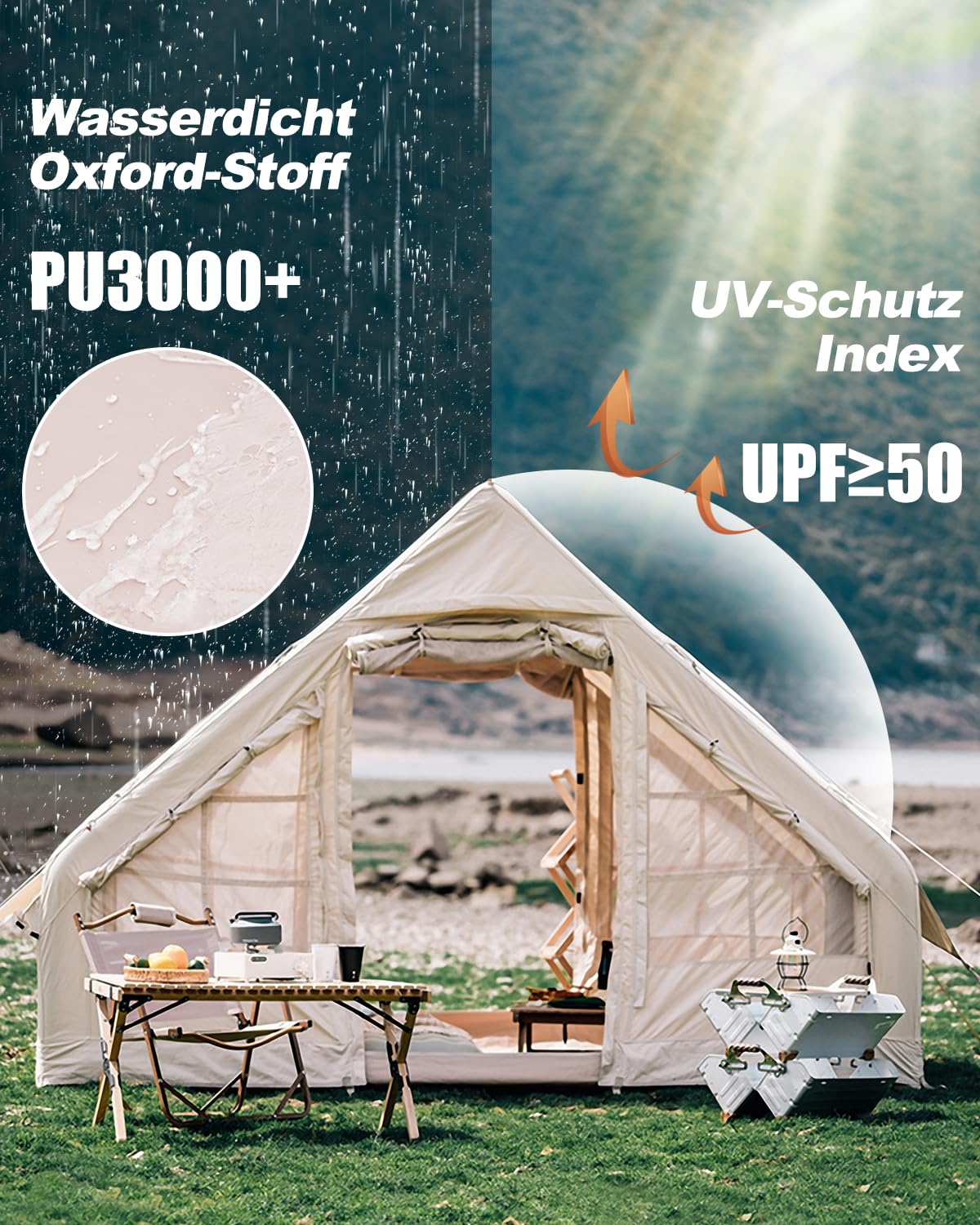 Aufblasbares Zelt, Hochdruck-Schnellaufblasanlage, Outdoor-Campingzelt für 2-4 Personen, 420D Oxford-Tuch Wasserdicht mit Netzfenstern, Kaminöffnung & Netz-Türen (300 * 210 * 200cm, 2-4 Personen) Sport & Freizeit