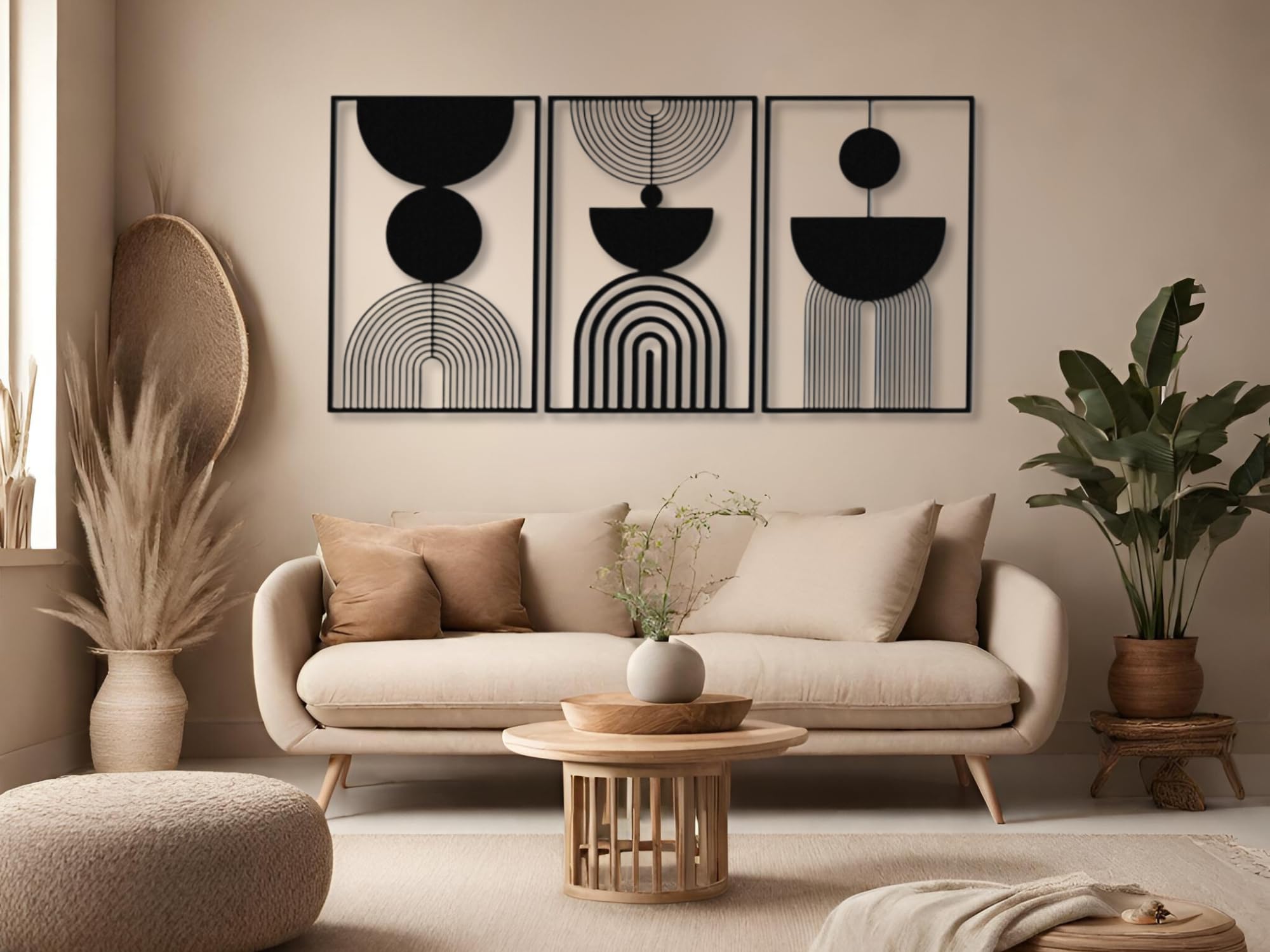 VAILLA Boho Minimalist Wall Art, Set of 3 Wooden Wall Decoration, Mid-Century Modern Wall Decor, Sparkling Sun Geometric Wood Art, Large 3D Textured